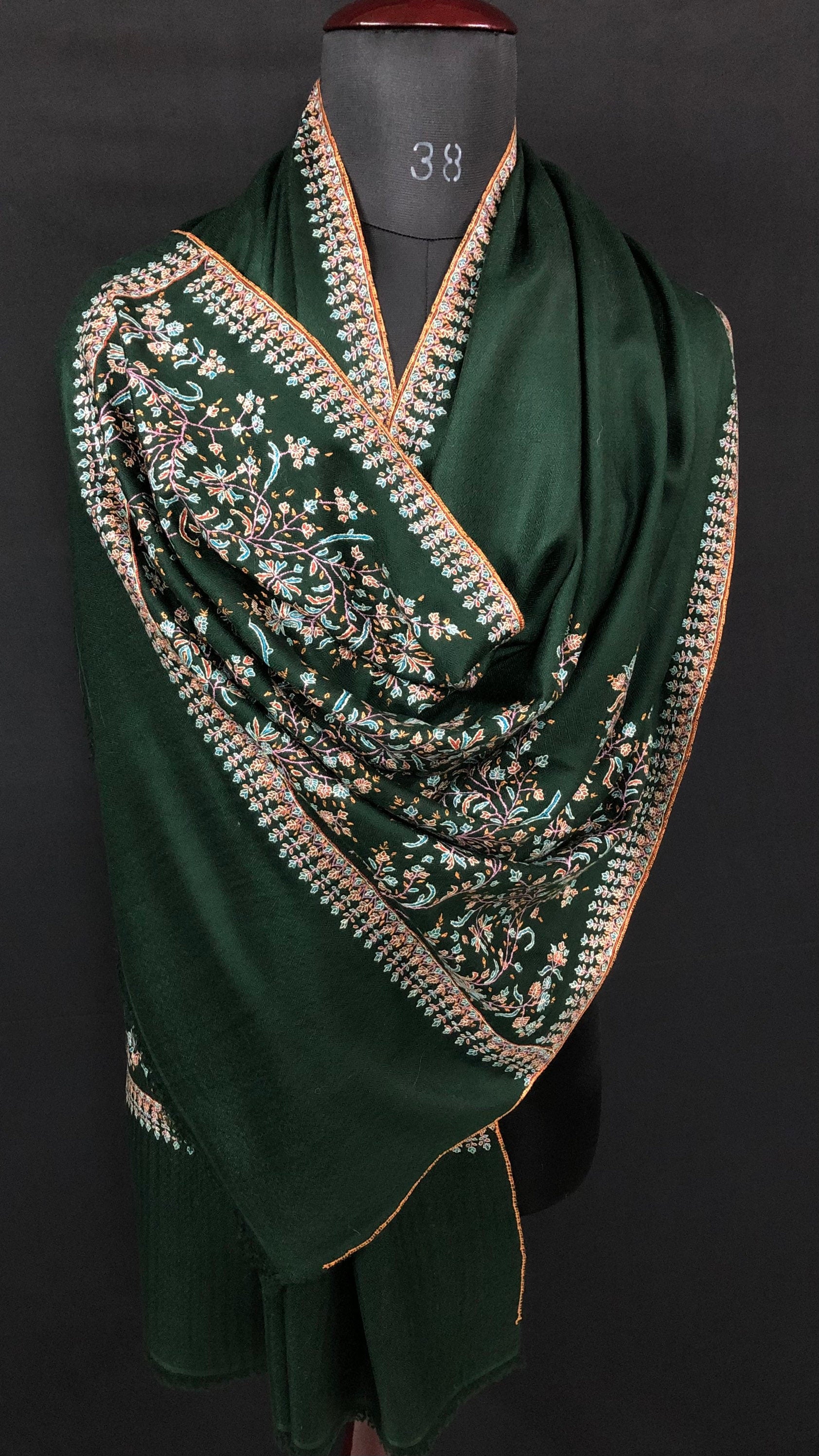 father of bride gift from daughter Emerald green exquisite embroidery palla handcrafted real cashmere pashmina stole scarf shawl - Mehraj Crafts 