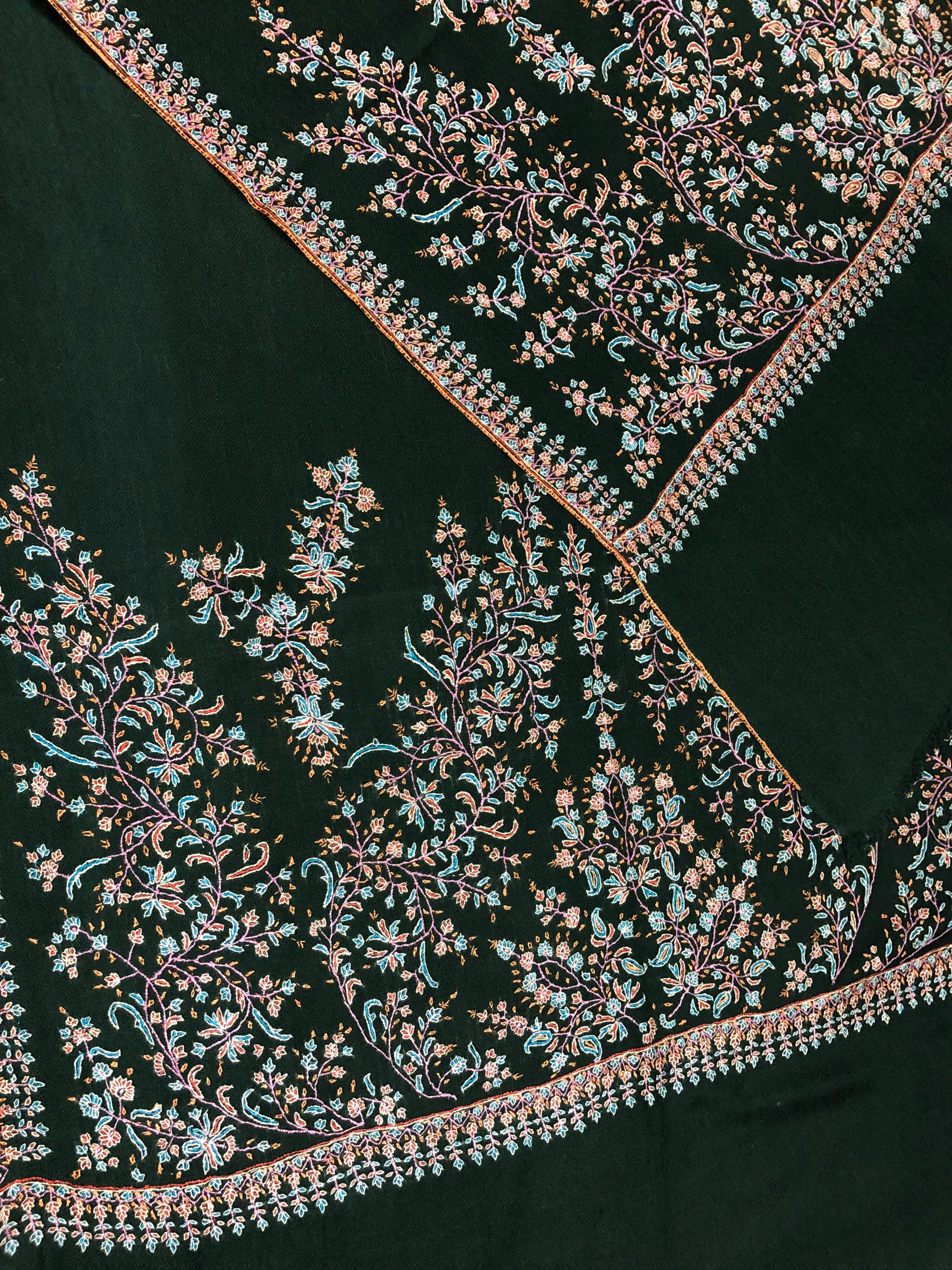 father of bride gift from daughter Emerald green exquisite embroidery palla handcrafted real cashmere pashmina stole scarf shawl - Mehraj Crafts 