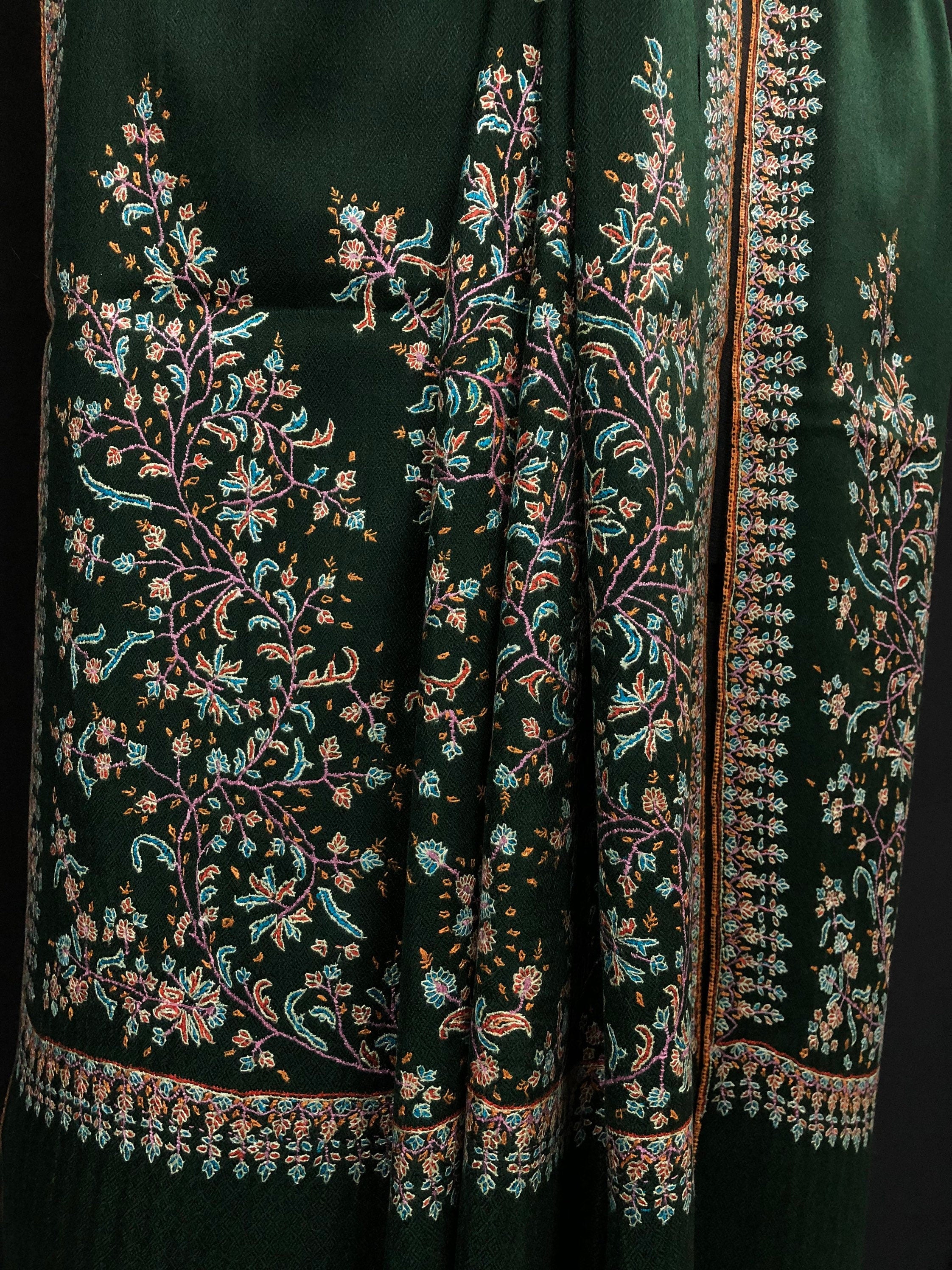 father of bride gift from daughter Emerald green exquisite embroidery palla handcrafted real cashmere pashmina stole scarf shawl - Mehraj Crafts 