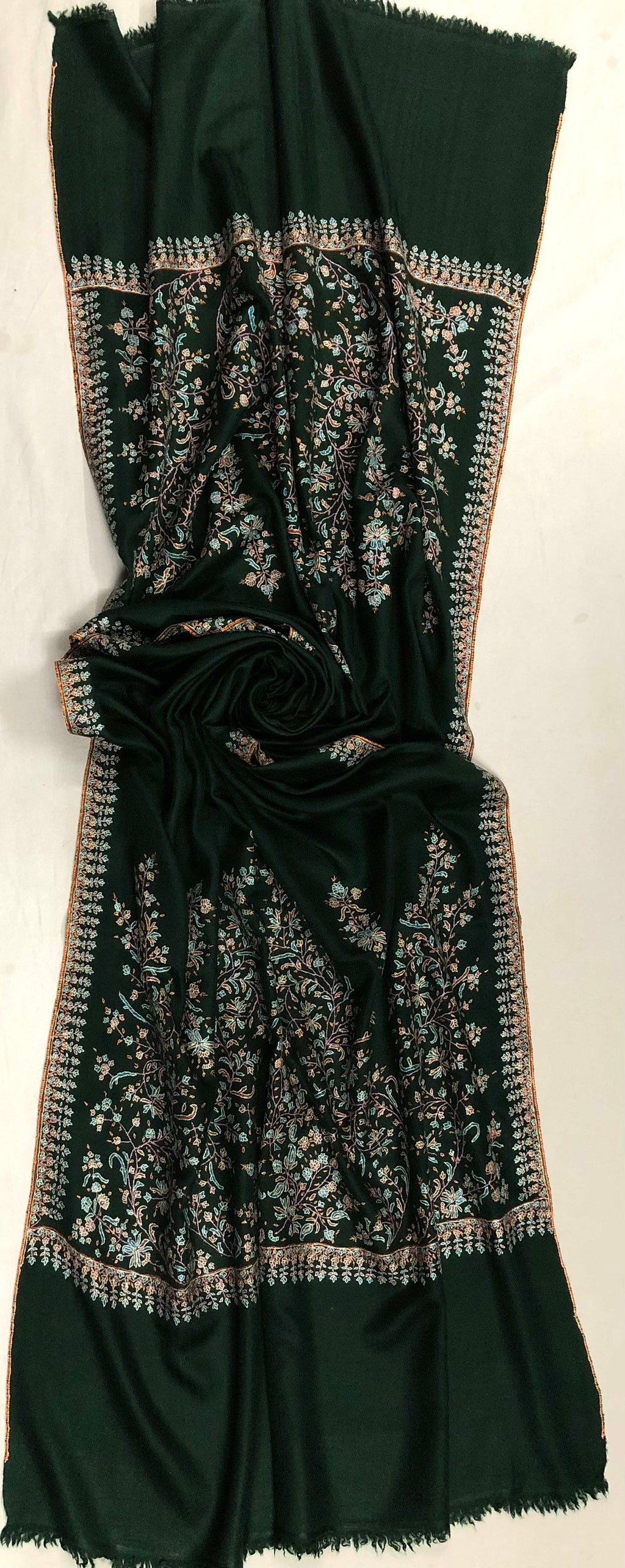 father of bride gift from daughter Emerald green exquisite embroidery palla handcrafted real cashmere pashmina stole scarf shawl - Mehraj Crafts 