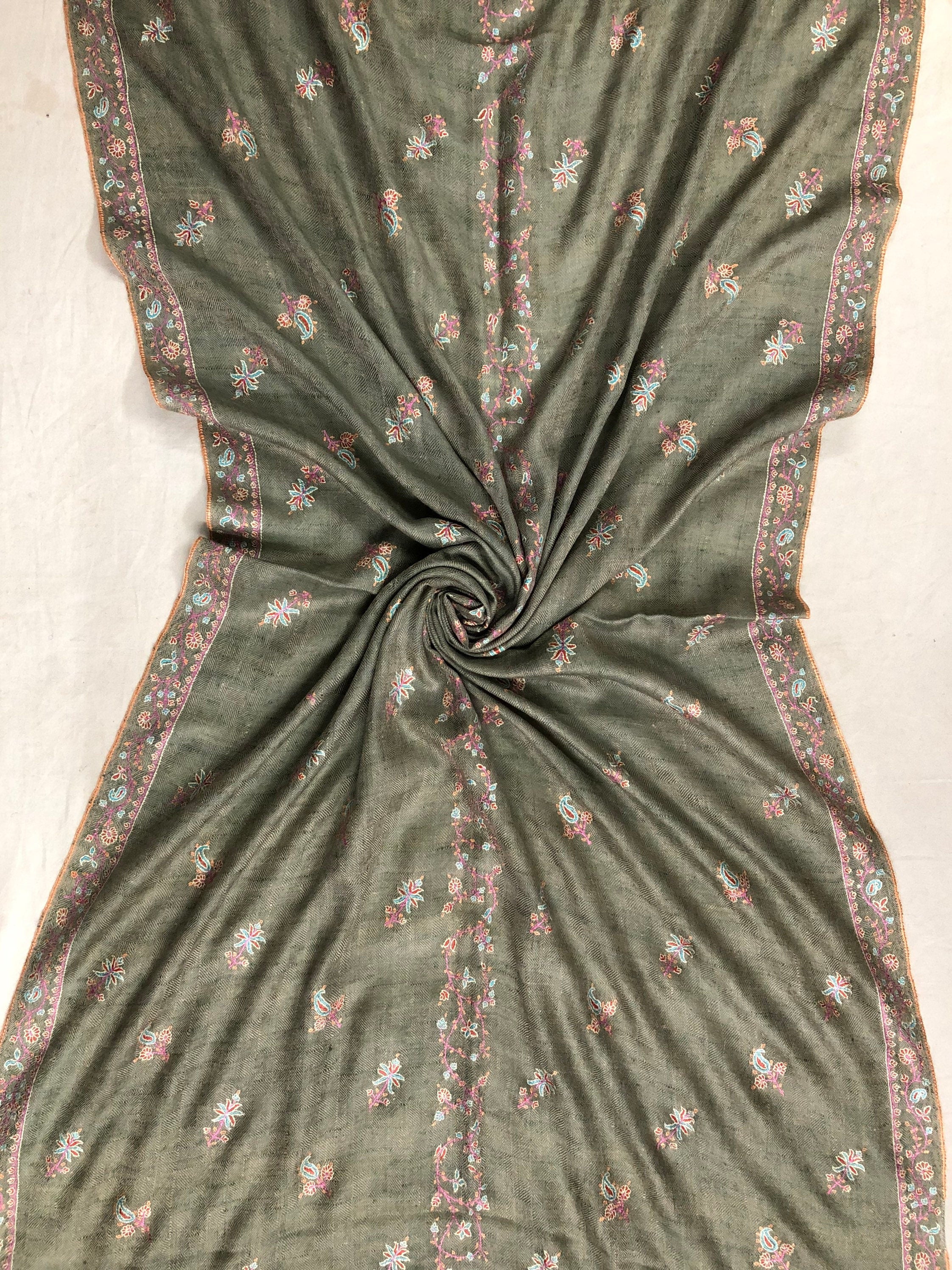 Gift father Sea grass super micro fine embroidered modern design handcrafted real cashmere pashmina stole - Mehraj Crafts 