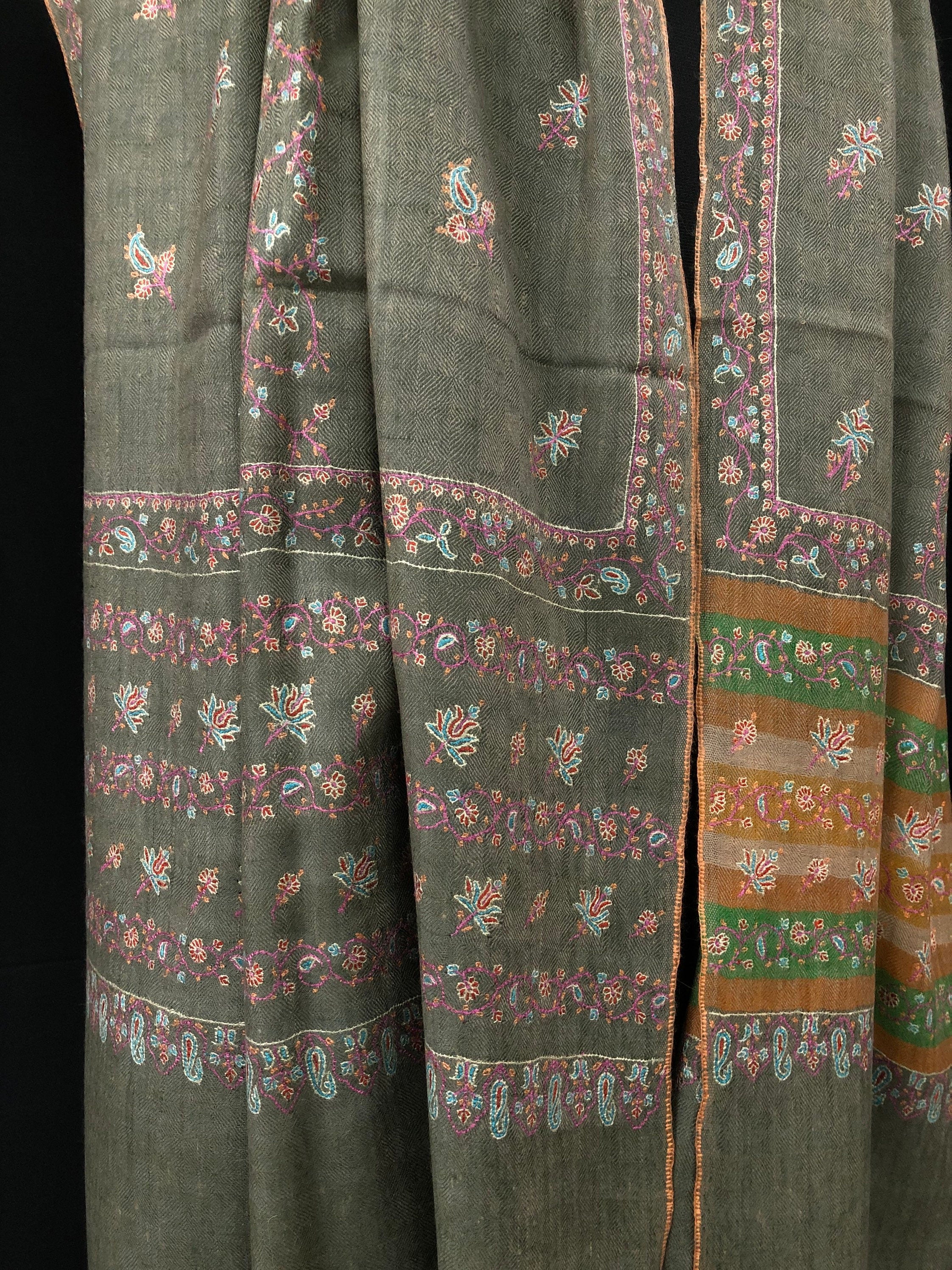 Gift father Sea grass super micro fine embroidered modern design handcrafted real cashmere pashmina stole - Mehraj Crafts 