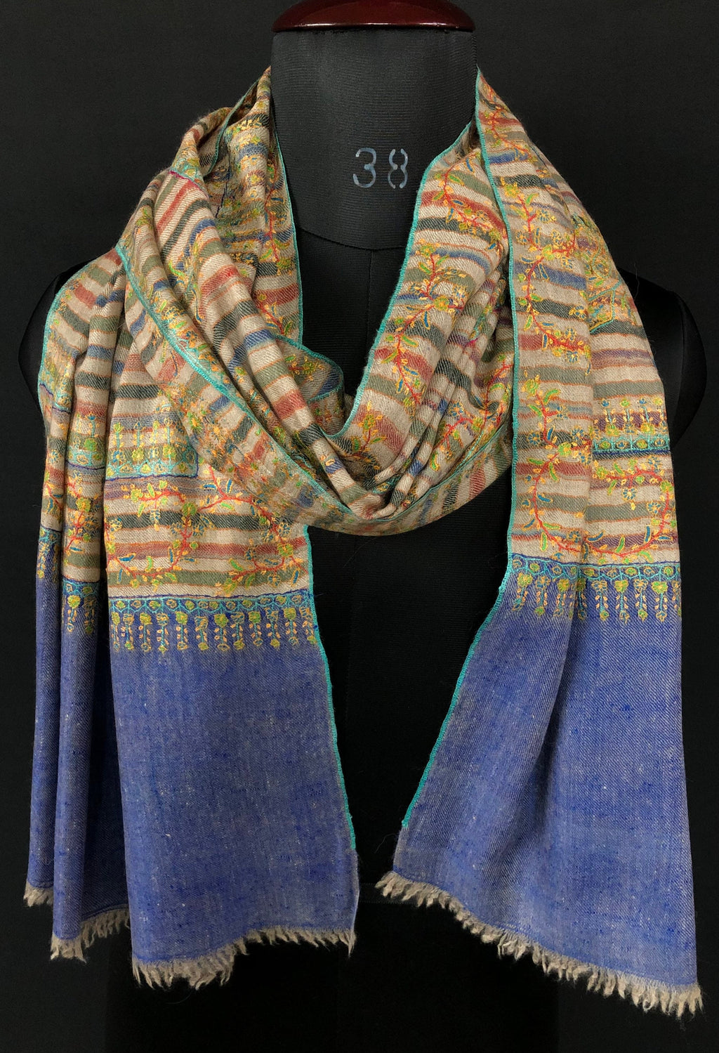 Handmade Gift Multicoloured stripes super micro fine embroidered modern design handcrafted real cashmere pashmina stole shawl - Mehraj Crafts 