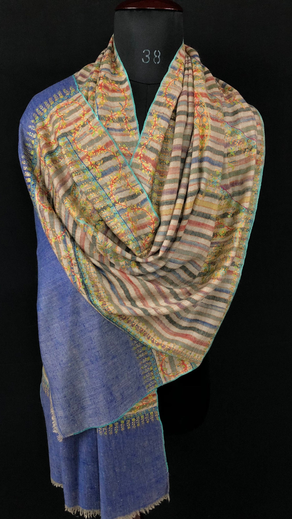 Handmade Gift Multicoloured stripes super micro fine embroidered modern design handcrafted real cashmere pashmina stole shawl - Mehraj Crafts 