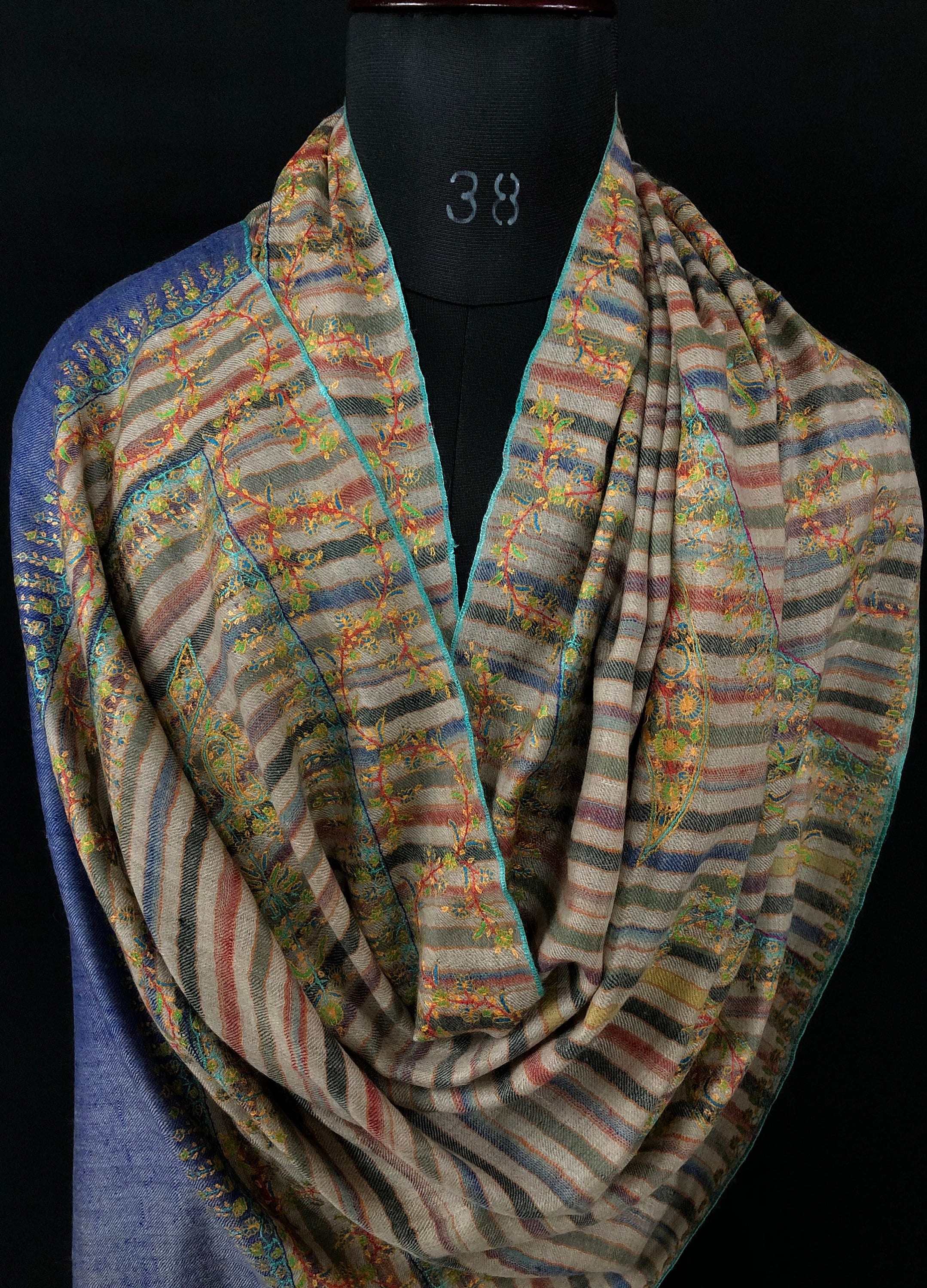 Handmade Gift Multicoloured stripes super micro fine embroidered modern design handcrafted real cashmere pashmina stole shawl - Mehraj Crafts 
