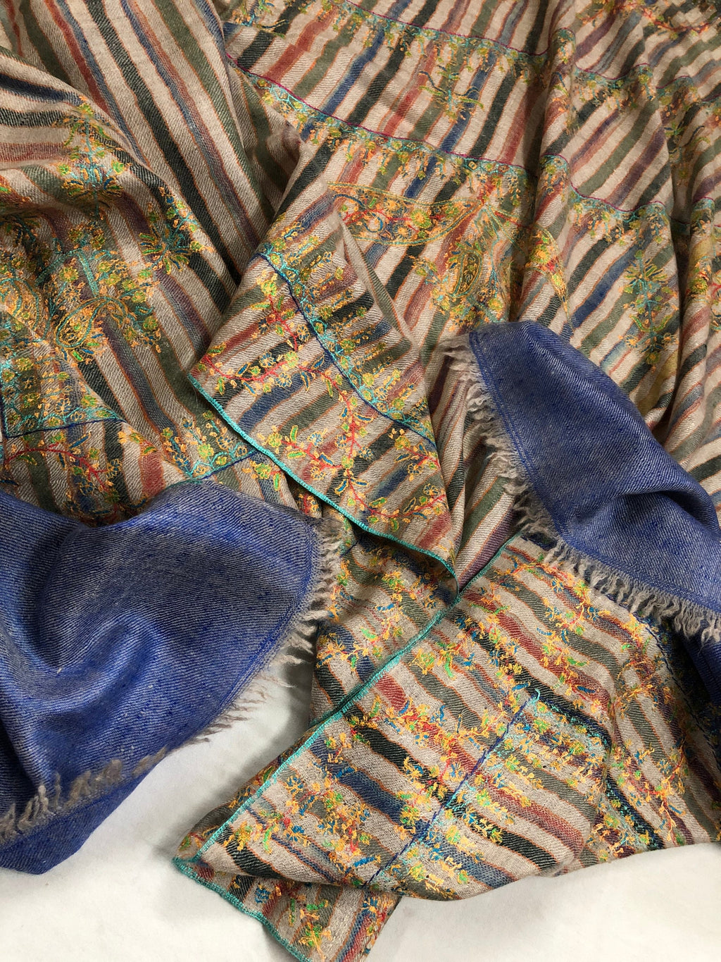 Handmade Gift Multicoloured stripes super micro fine embroidered modern design handcrafted real cashmere pashmina stole shawl - Mehraj Crafts 