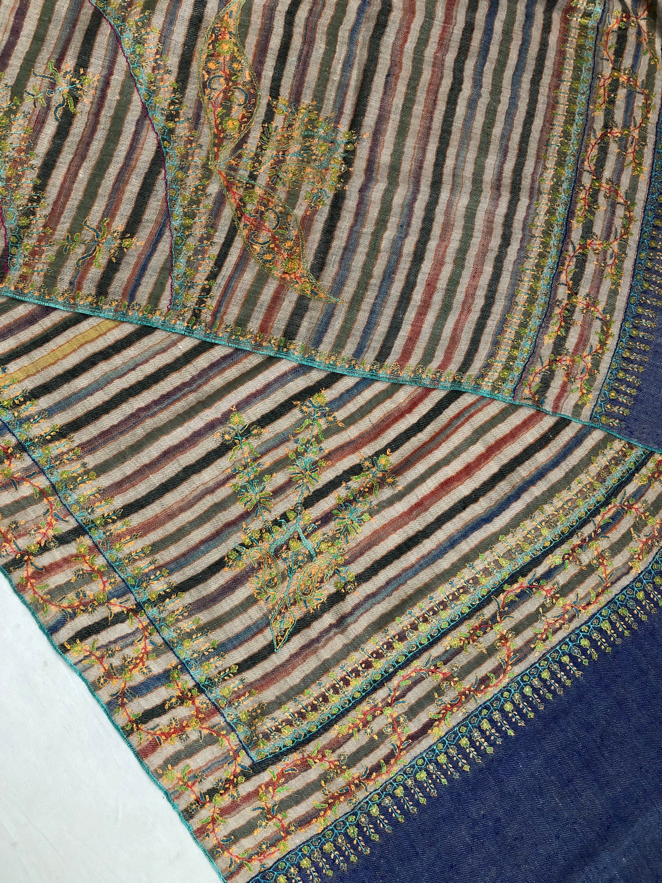 Handmade Gift Multicoloured stripes super micro fine embroidered modern design handcrafted real cashmere pashmina stole shawl - Mehraj Crafts 