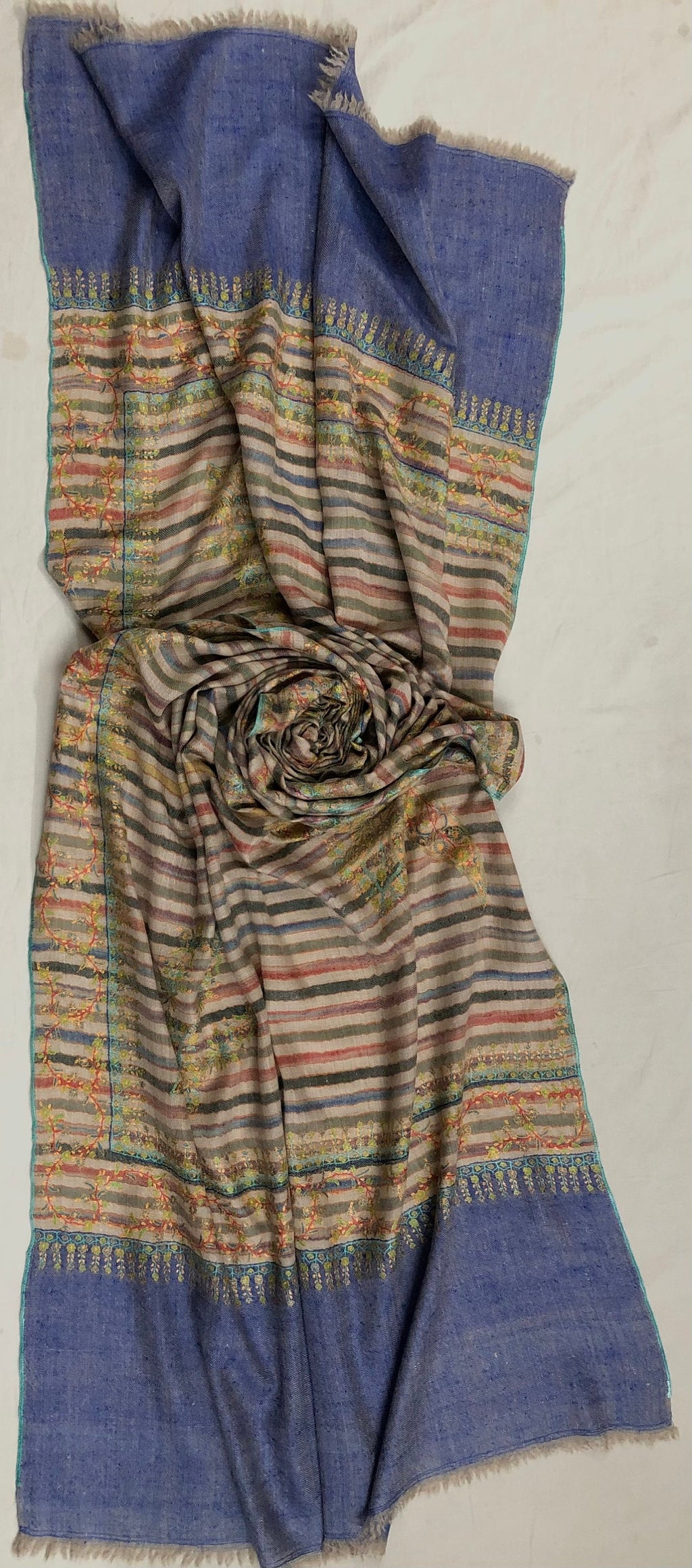 Handmade Gift Multicoloured stripes super micro fine embroidered modern design handcrafted real cashmere pashmina stole shawl - Mehraj Crafts 