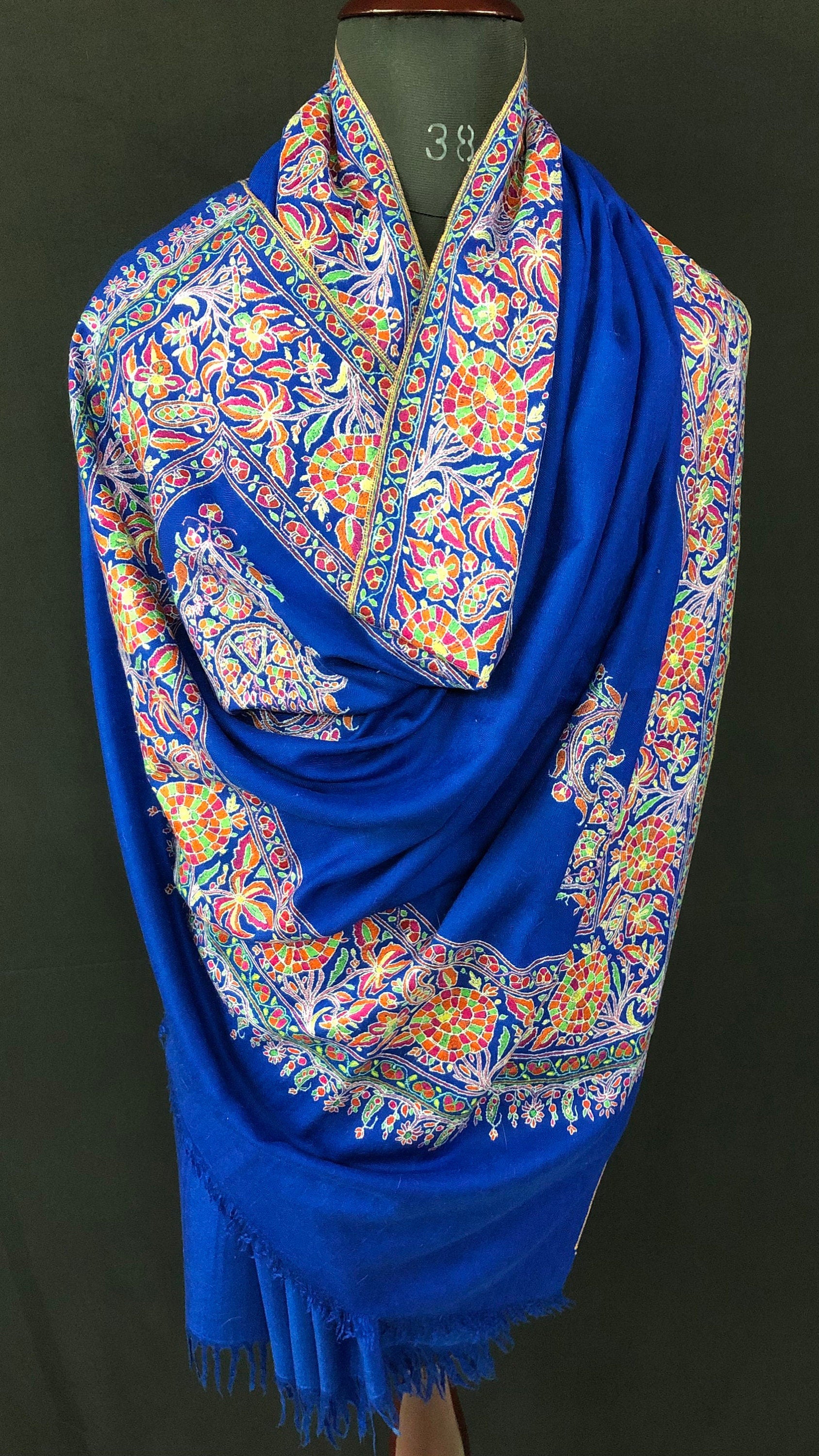 GI Certified Royal Blue Toronto Maple Leafs Extremely Fine Embroidery Handcrafted Real Cashmere Pashmina Shawl - Mehraj Crafts 