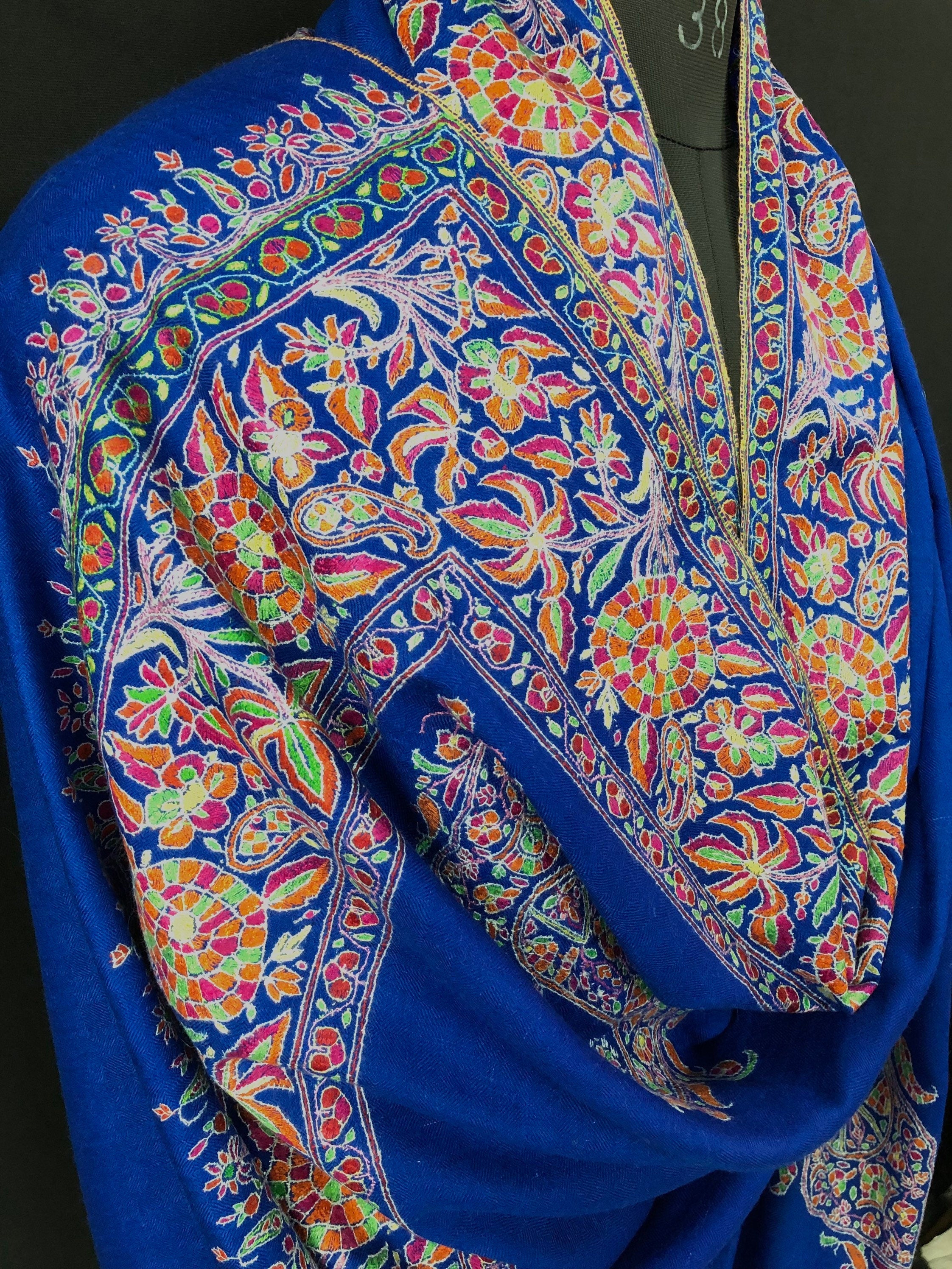 GI Certified Royal Blue Toronto Maple Leafs Extremely Fine Embroidery Handcrafted Real Cashmere Pashmina Shawl - Mehraj Crafts 