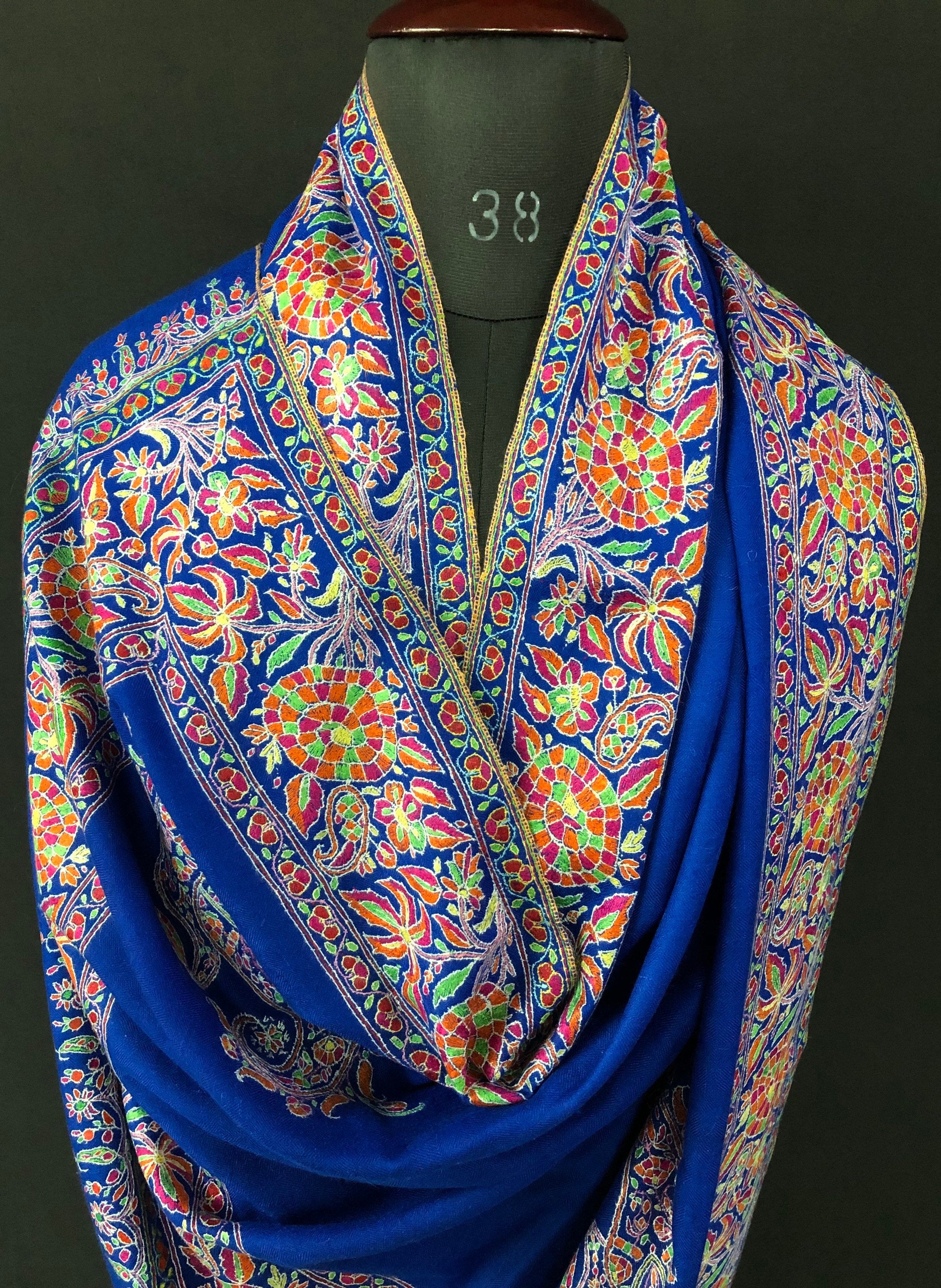 GI Certified Royal Blue Toronto Maple Leafs Extremely Fine Embroidery Handcrafted Real Cashmere Pashmina Shawl - Mehraj Crafts 