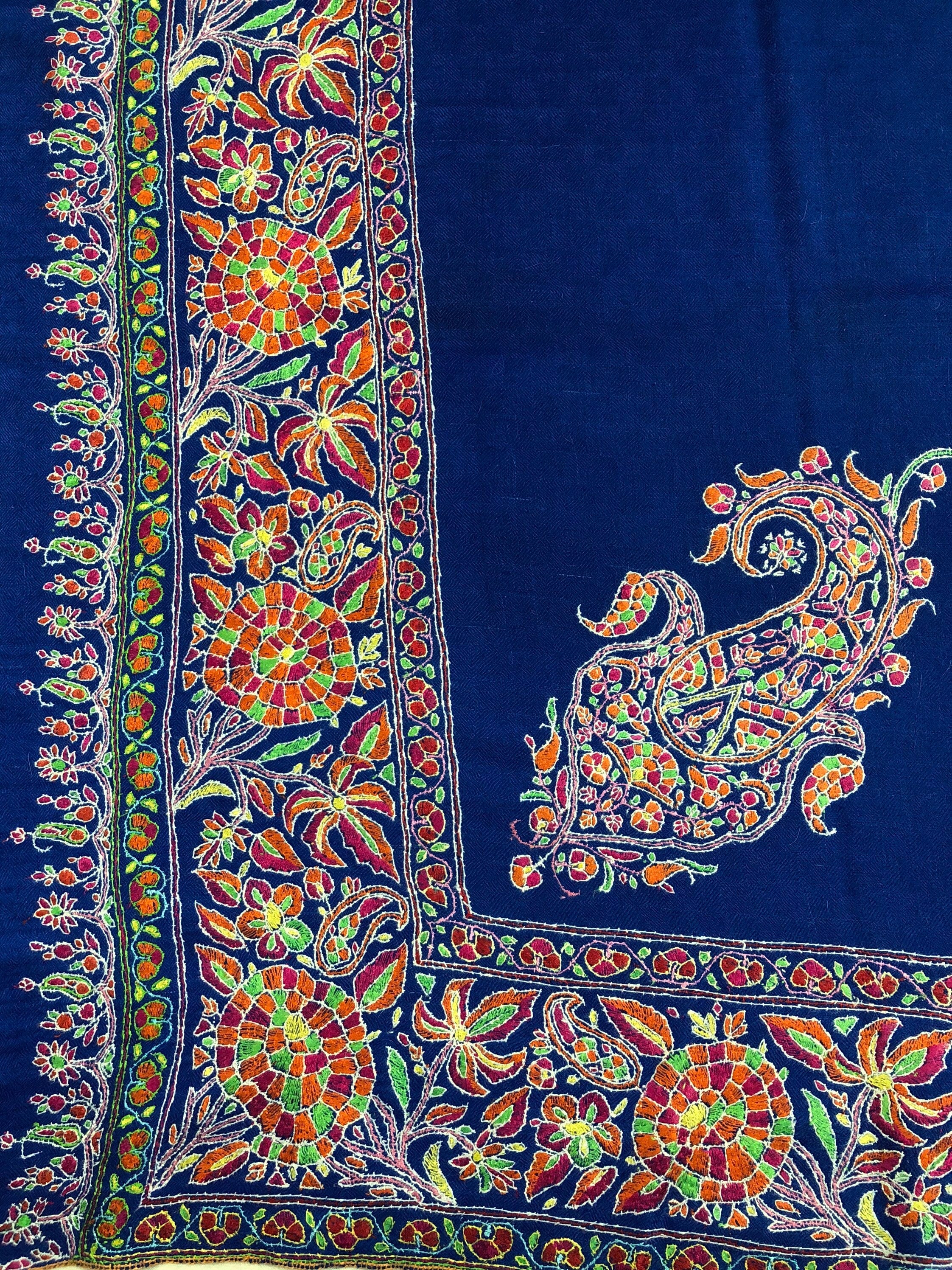 GI Certified Royal Blue Toronto Maple Leafs Extremely Fine Embroidery Handcrafted Real Cashmere Pashmina Shawl - Mehraj Crafts 