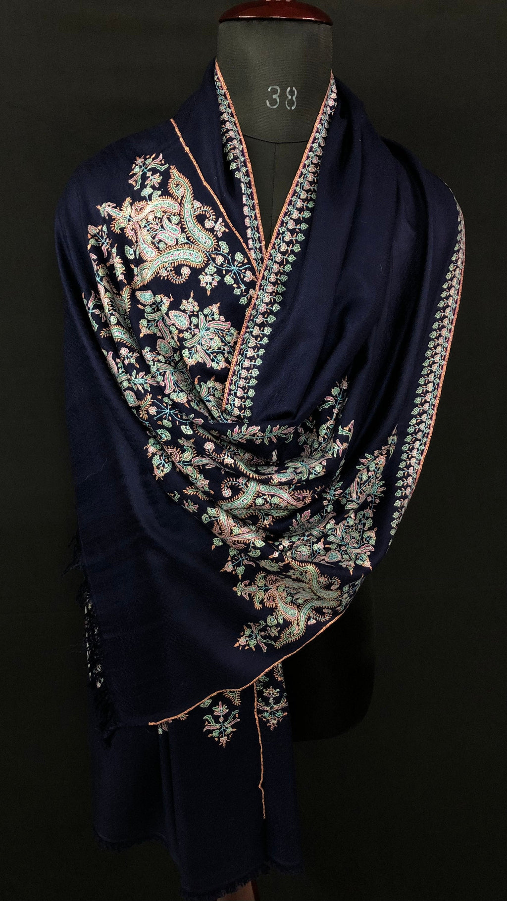 GI Sozani Certified Kashmir Pashmina cyber monday Medieval blue exclusive embroidery palla real cashmere pashmina scarf - Mehraj Crafts 