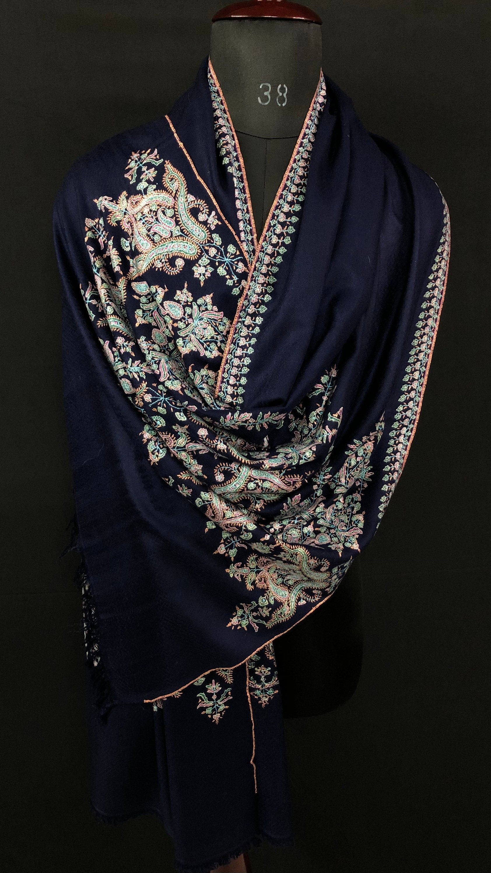 GI Sozani Certified Kashmir Pashmina cyber monday Medieval blue exclusive embroidery palla real cashmere pashmina scarf - Mehraj Crafts 