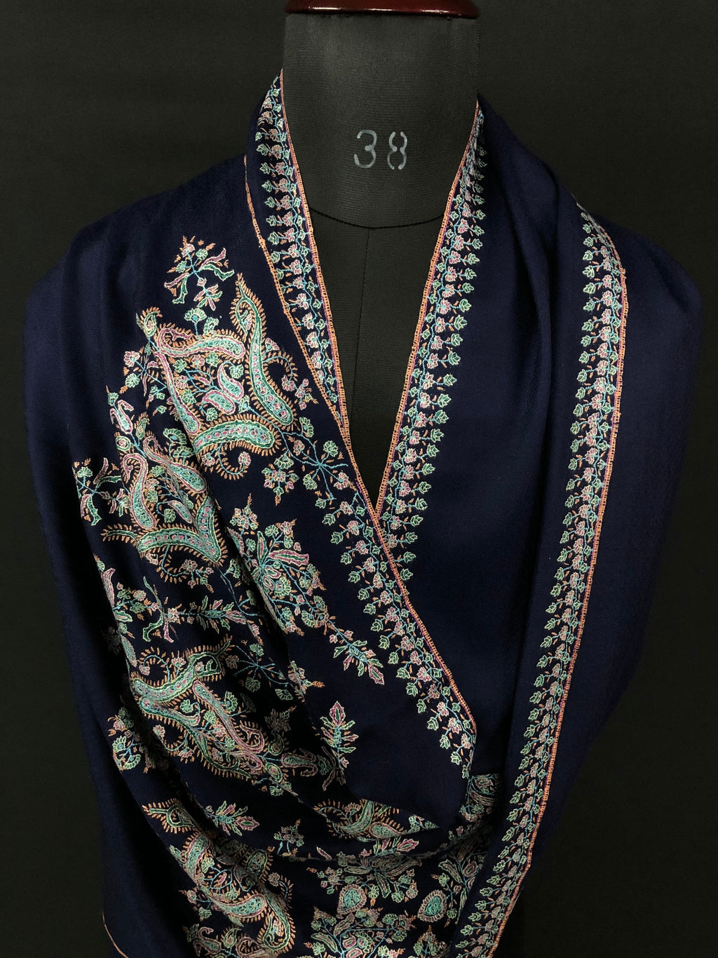 GI Sozani Certified Kashmir Pashmina cyber monday Medieval blue exclusive embroidery palla real cashmere pashmina scarf - Mehraj Crafts 