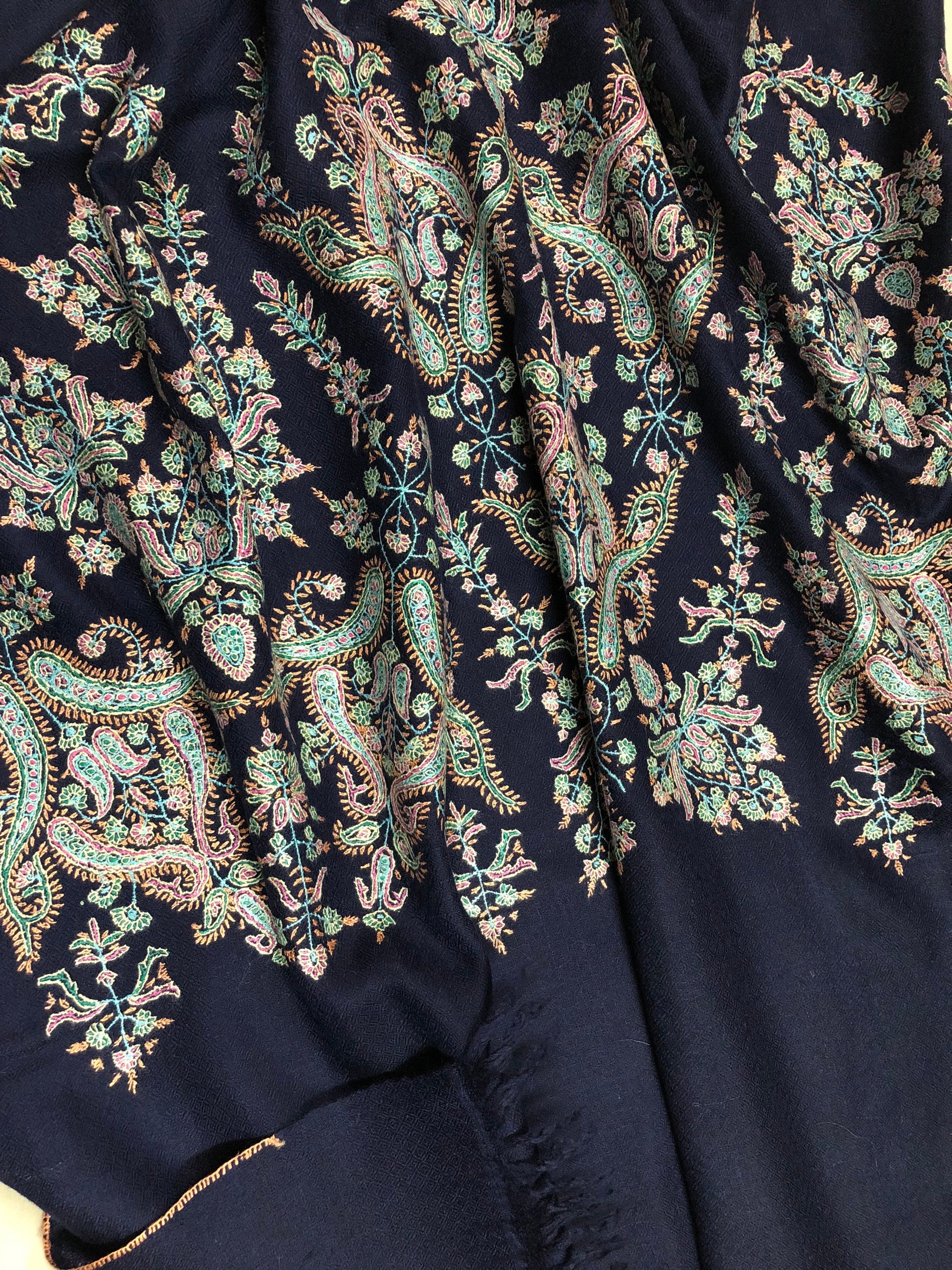 GI Sozani Certified Kashmir Pashmina cyber monday Medieval blue exclusive embroidery palla real cashmere pashmina scarf - Mehraj Crafts 