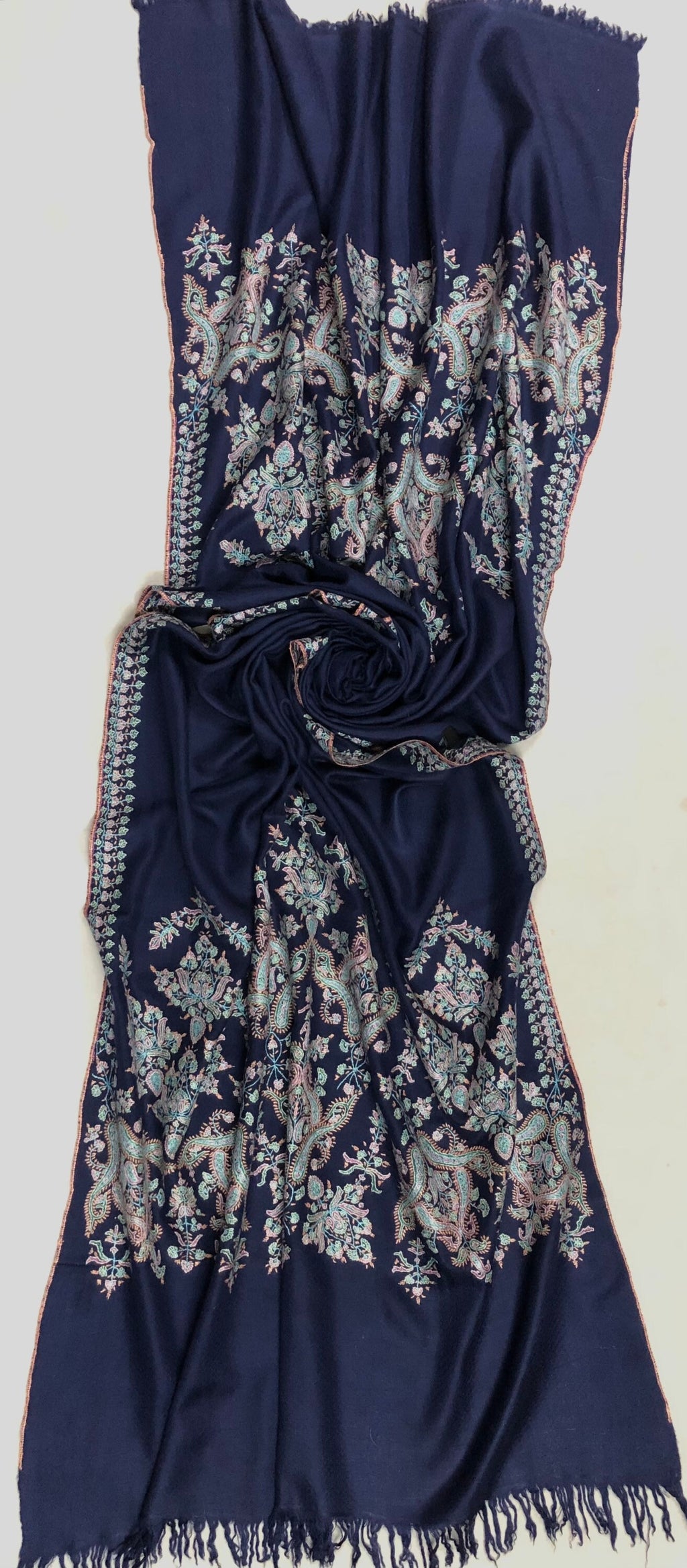 GI Sozani Certified Kashmir Pashmina cyber monday Medieval blue exclusive embroidery palla real cashmere pashmina scarf - Mehraj Crafts 