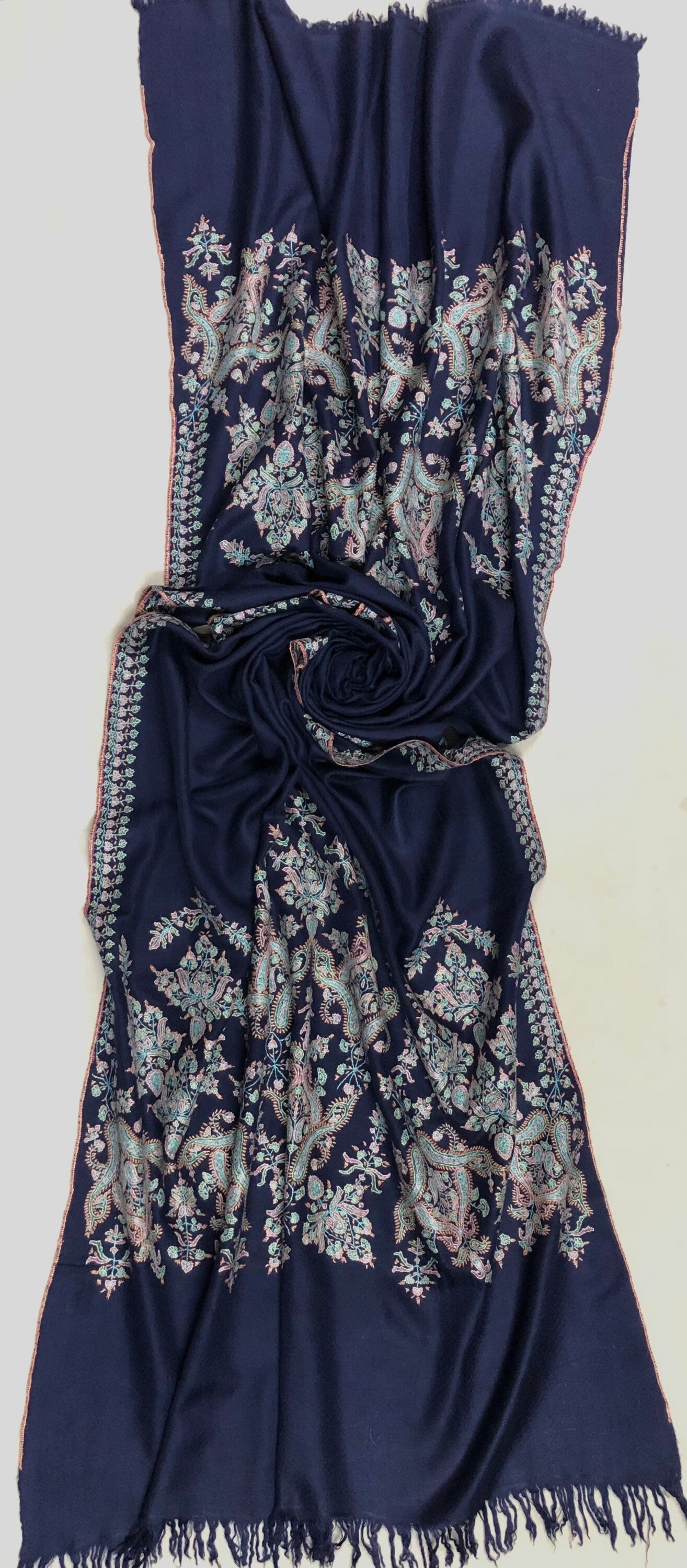 GI Sozani Certified Kashmir Pashmina cyber monday Medieval blue exclusive embroidery palla real cashmere pashmina scarf - Mehraj Crafts 