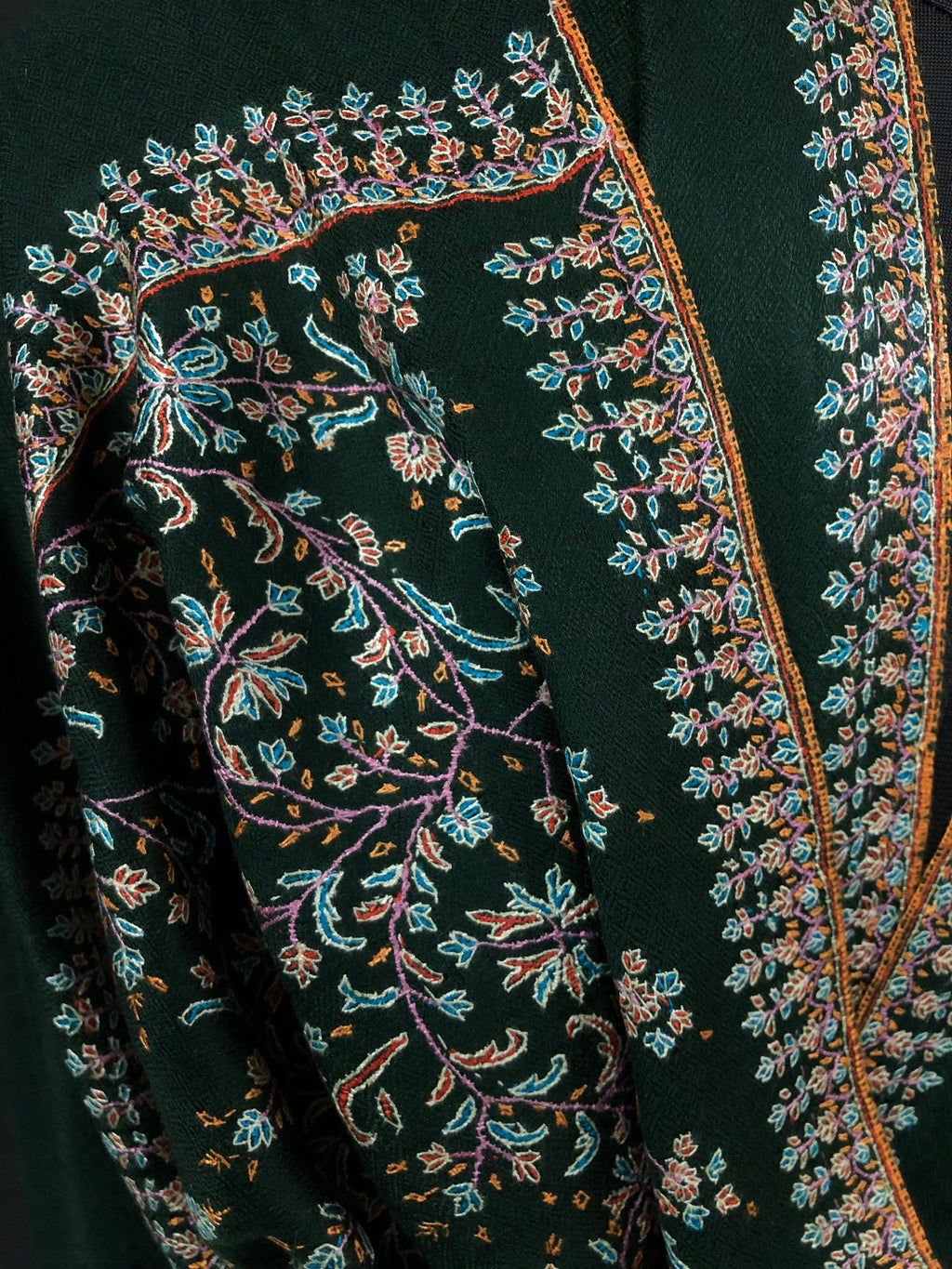 father of bride gift from daughter Emerald green exquisite embroidery palla handcrafted real cashmere pashmina stole scarf shawl - Mehraj Crafts 