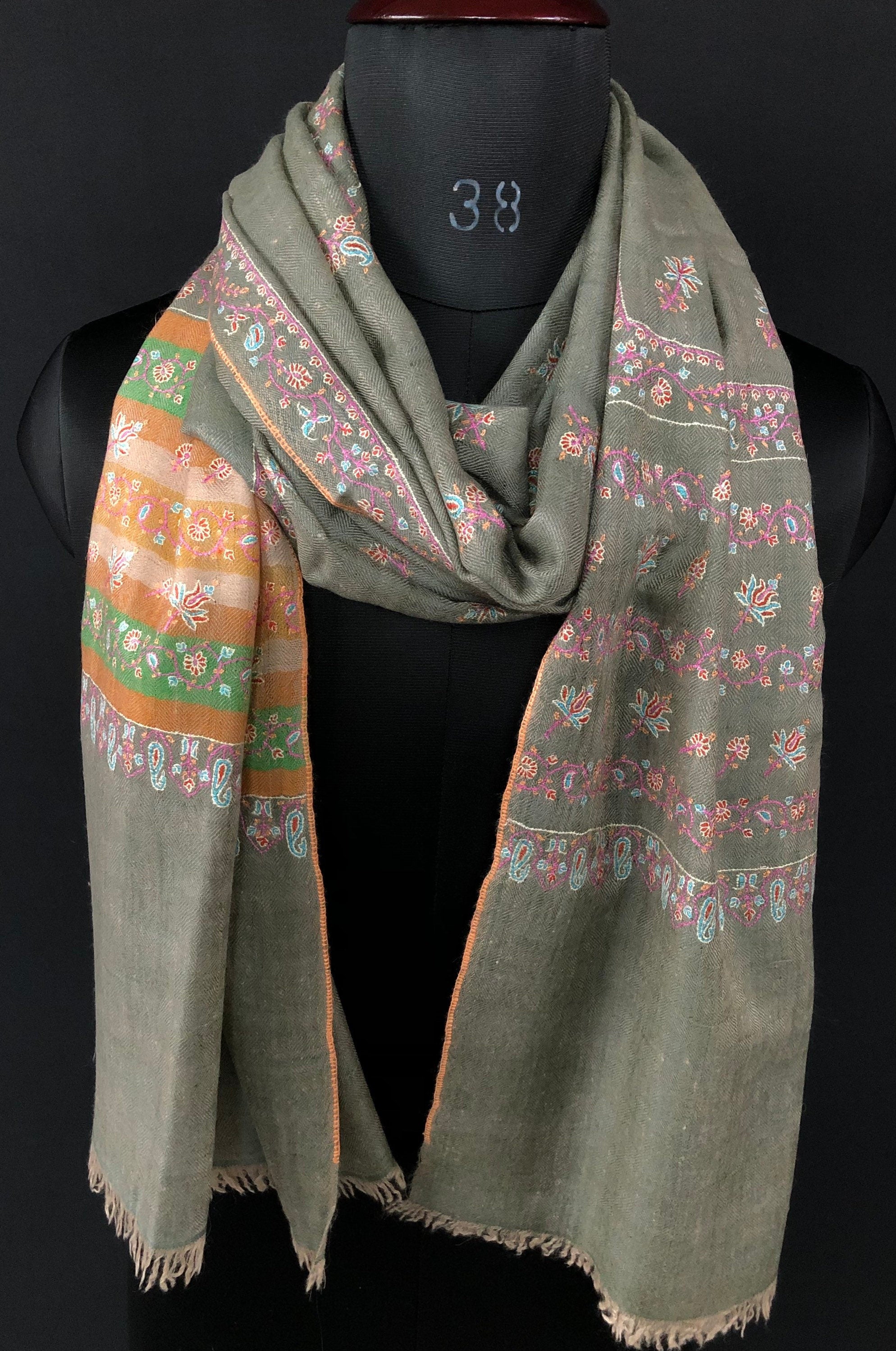 Gift father Sea grass super micro fine embroidered modern design handcrafted real cashmere pashmina stole - Mehraj Crafts 