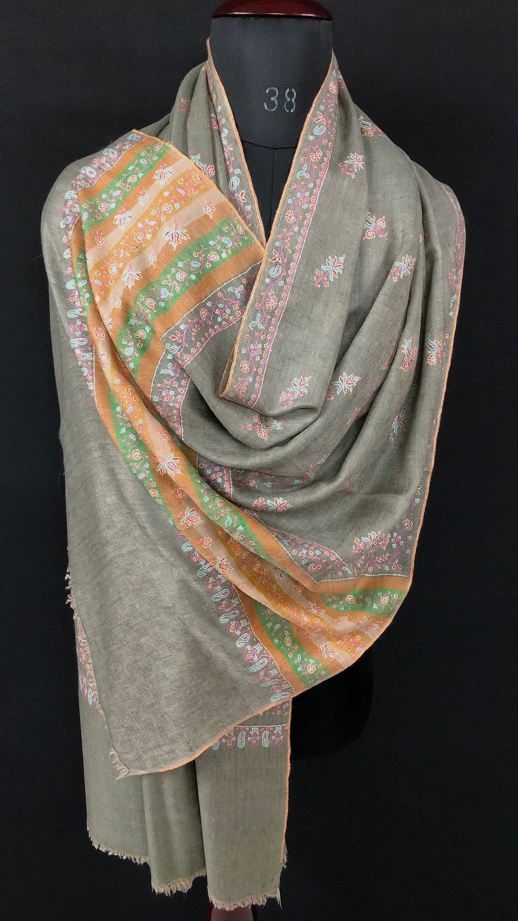 Gift father Sea grass super micro fine embroidered modern design handcrafted real cashmere pashmina stole - Mehraj Crafts 