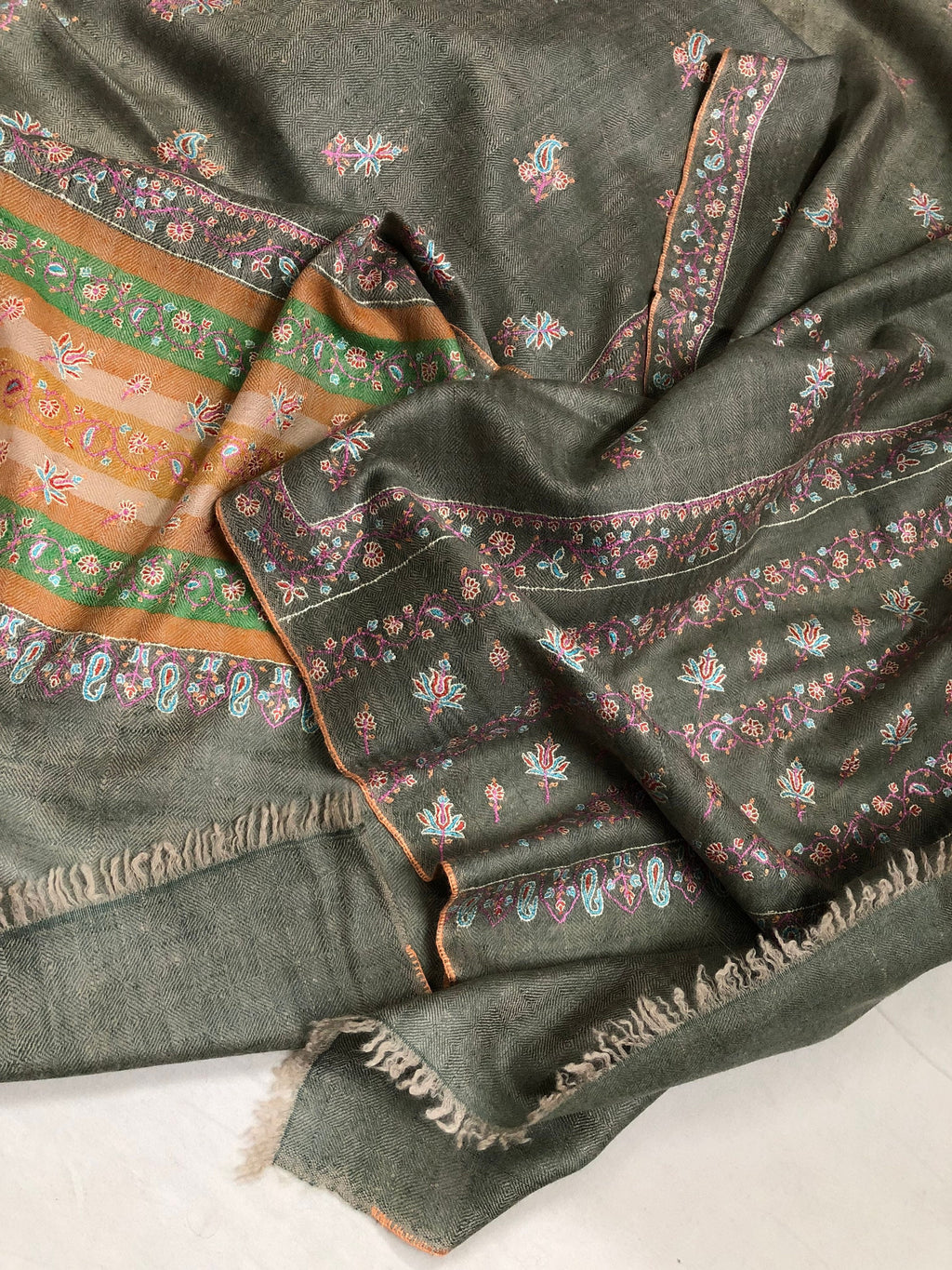 Gift father Sea grass super micro fine embroidered modern design handcrafted real cashmere pashmina stole - Mehraj Crafts 