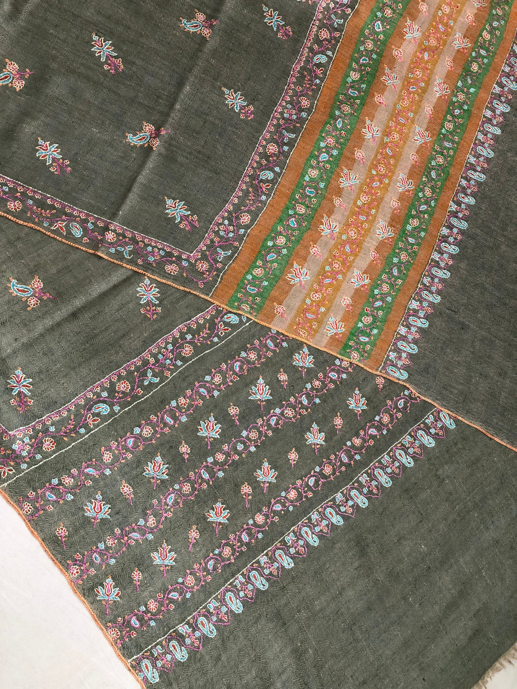 Gift father Sea grass super micro fine embroidered modern design handcrafted real cashmere pashmina stole - Mehraj Crafts 