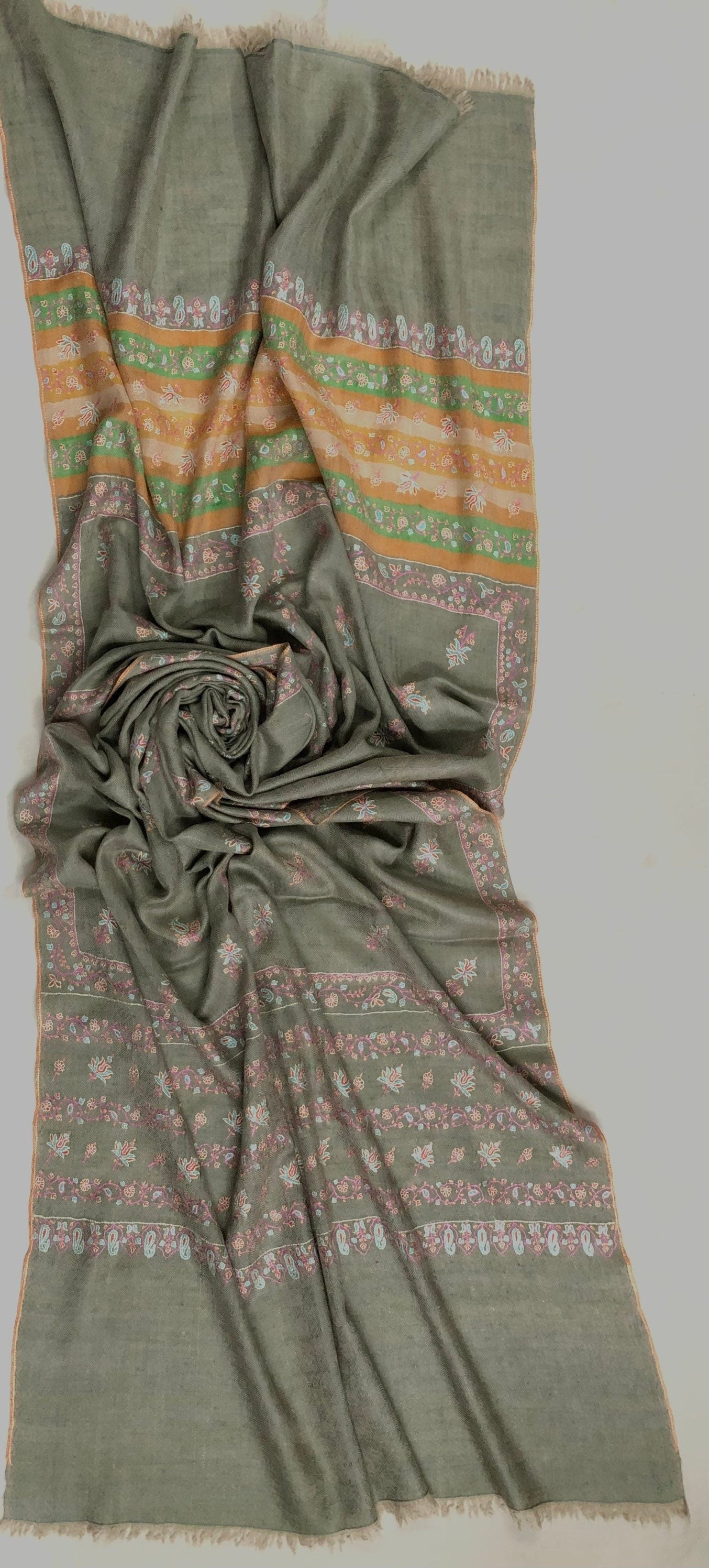 Gift father Sea grass super micro fine embroidered modern design handcrafted real cashmere pashmina stole - Mehraj Crafts 