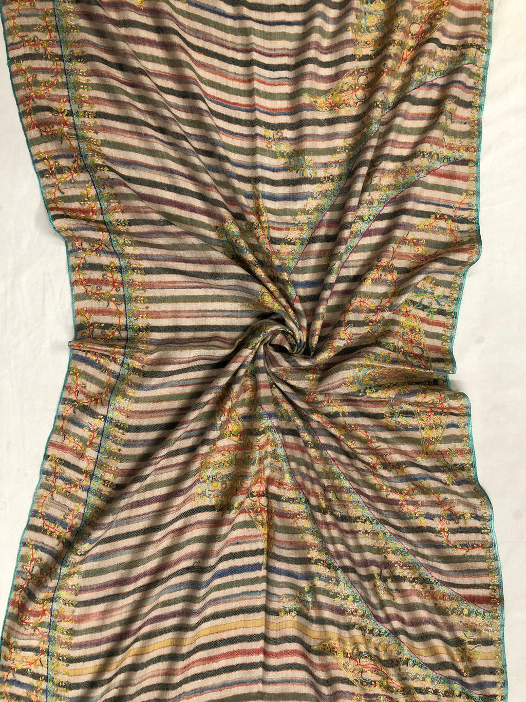 Handmade Gift Multicoloured stripes super micro fine embroidered modern design handcrafted real cashmere pashmina stole shawl - Mehraj Crafts 