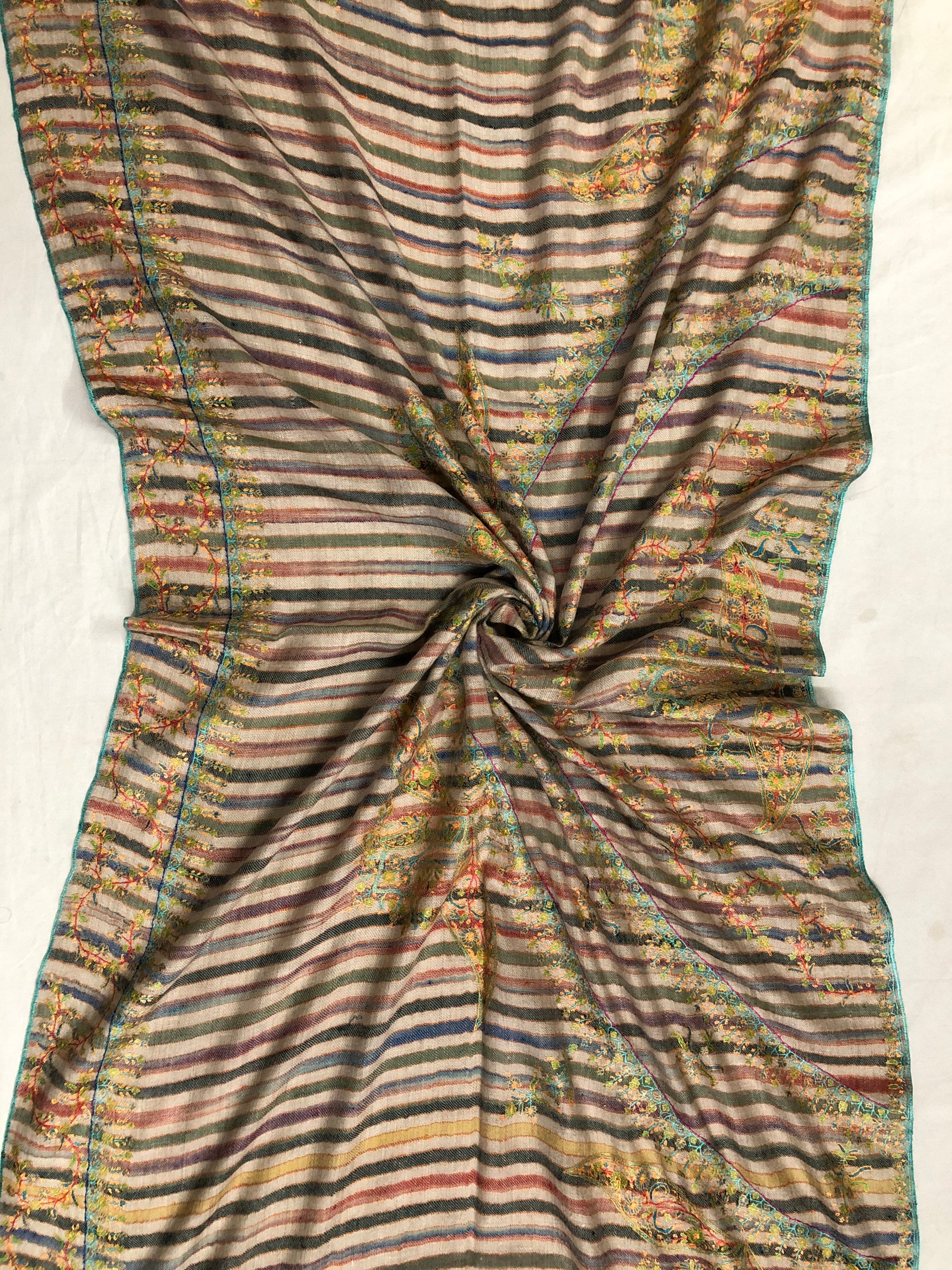 Handmade Gift Multicoloured stripes super micro fine embroidered modern design handcrafted real cashmere pashmina stole shawl - Mehraj Crafts 