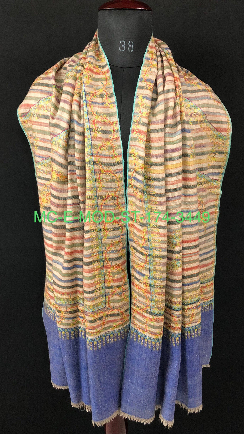 Handmade Gift Multicoloured stripes super micro fine embroidered modern design handcrafted real cashmere pashmina stole shawl - Mehraj Crafts 