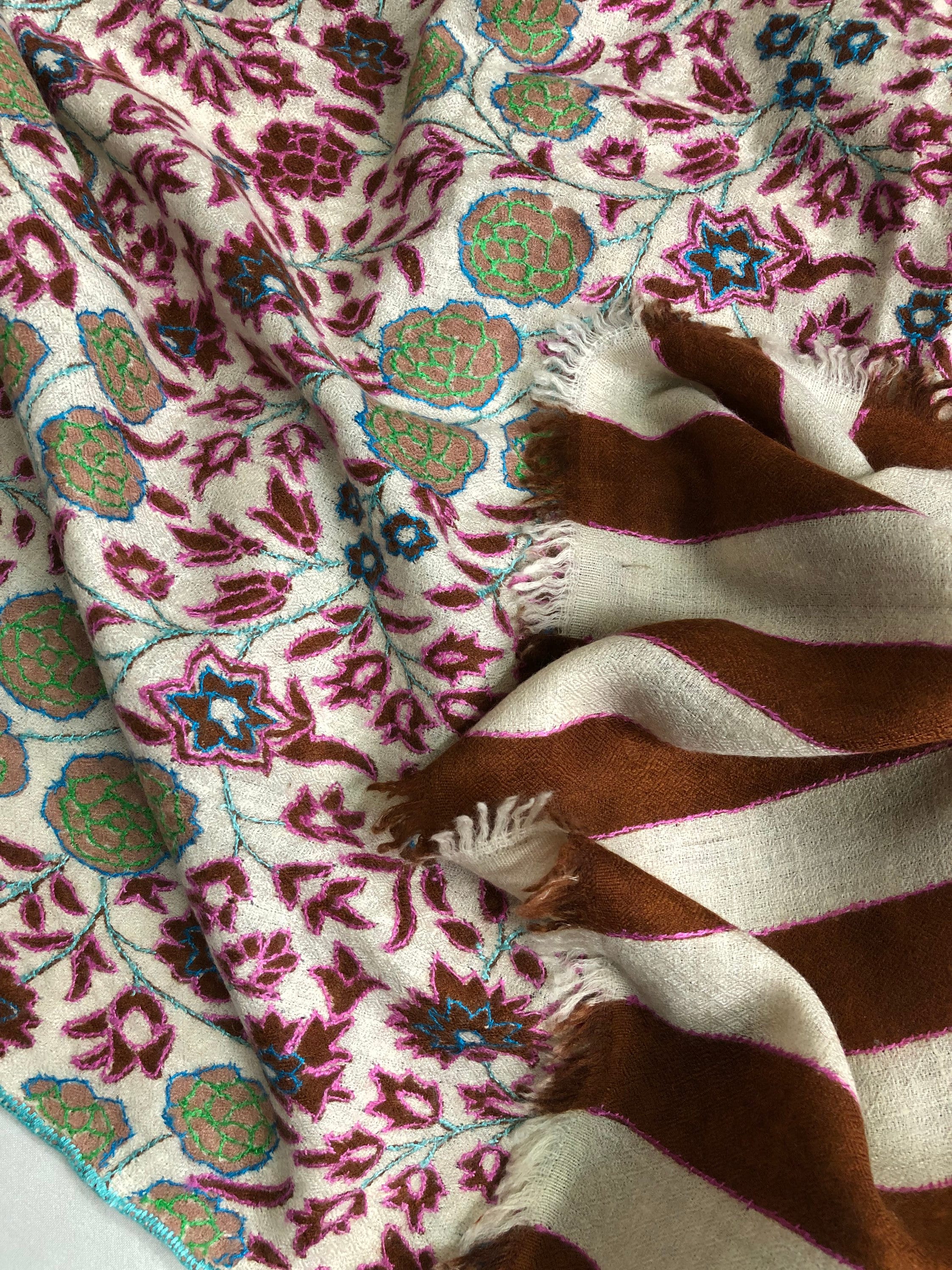 GI Sozani Floral Handmade Gift Arabian spice kani print outlined embroidered jamawar handcrafted real cashmere pashmina scarf - Mehraj Crafts 