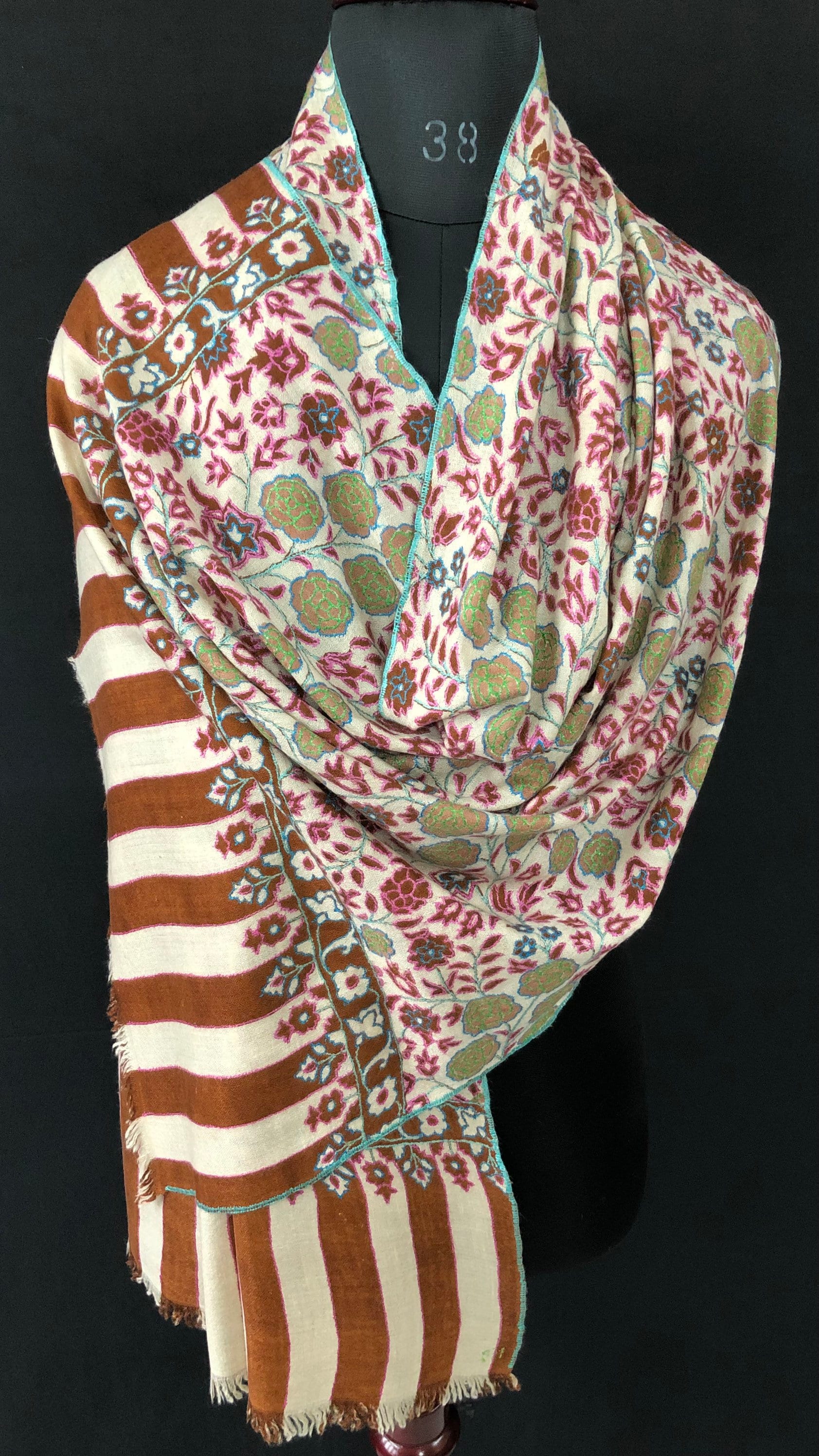 GI Sozani Floral Handmade Gift Arabian spice kani print outlined embroidered jamawar handcrafted real cashmere pashmina scarf - Mehraj Crafts 