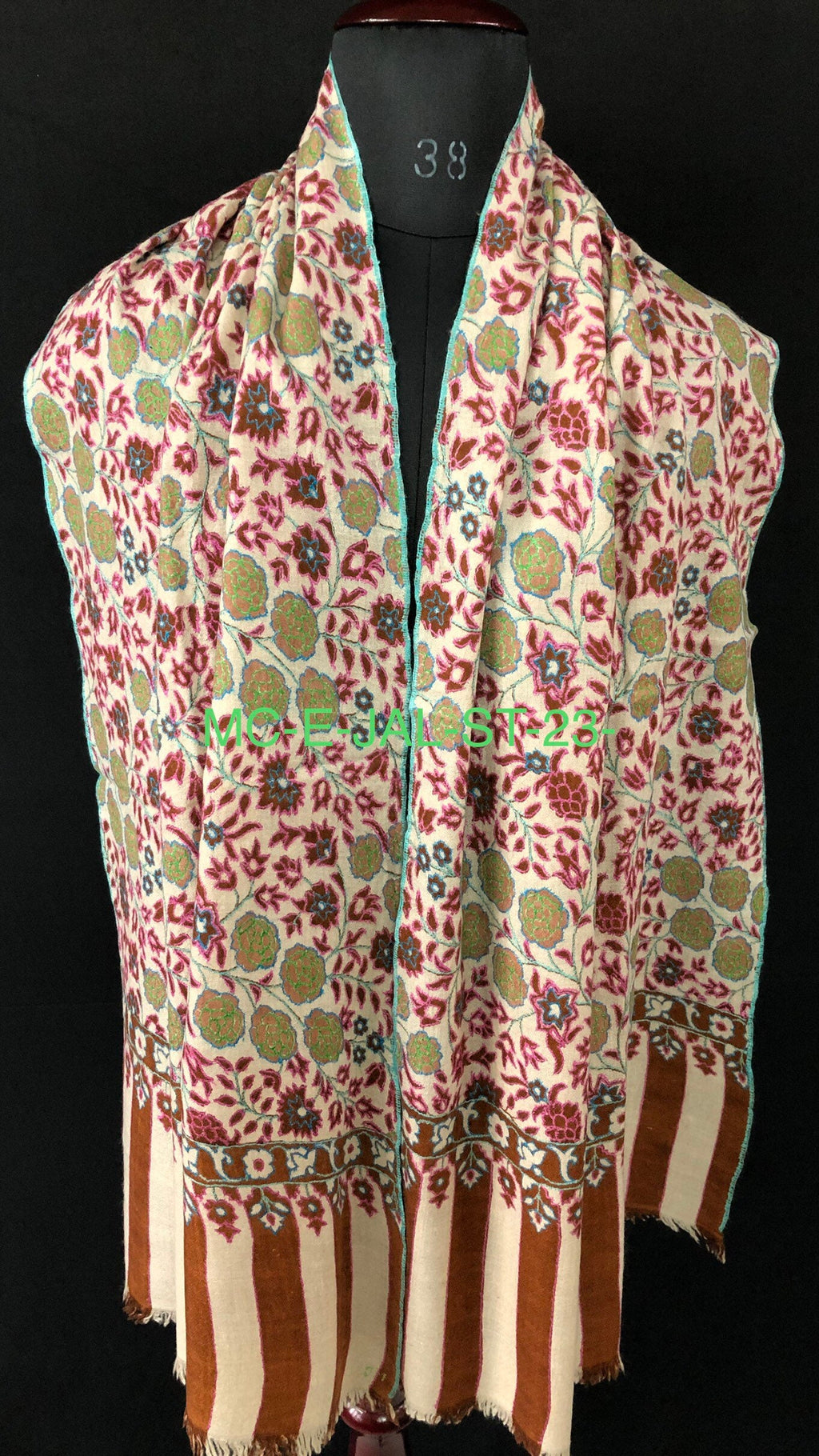 GI Sozani Floral Handmade Gift Arabian spice kani print outlined embroidered jamawar handcrafted real cashmere pashmina scarf - Mehraj Crafts 