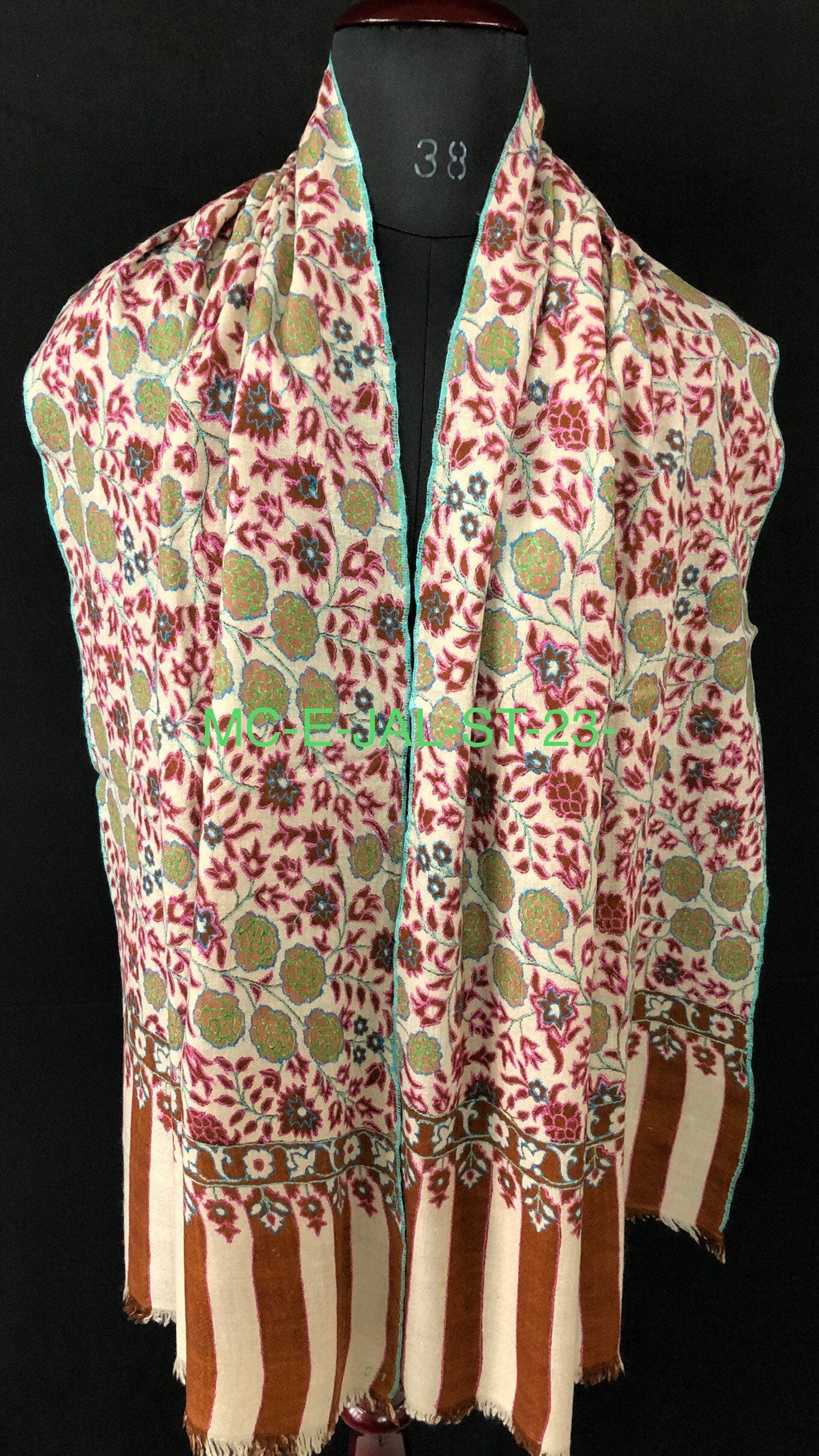 GI Sozani Floral Handmade Gift Arabian spice kani print outlined embroidered jamawar handcrafted real cashmere pashmina scarf - Mehraj Crafts 