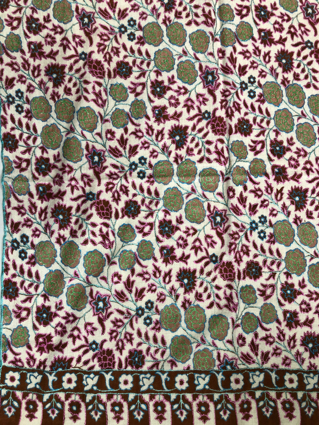 GI Sozani Floral Handmade Gift Arabian spice kani print outlined embroidered jamawar handcrafted real cashmere pashmina scarf - Mehraj Crafts 