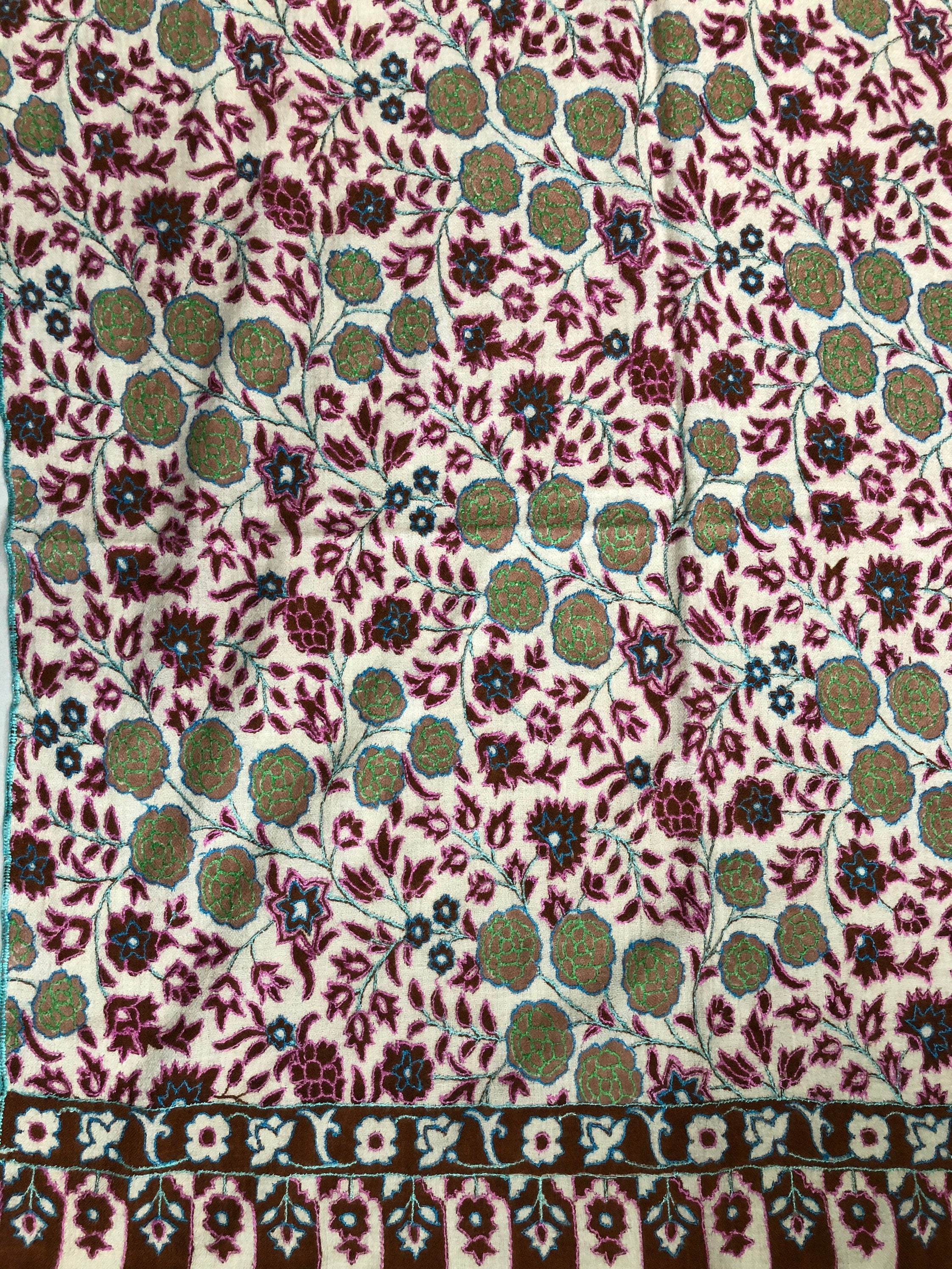 GI Sozani Floral Handmade Gift Arabian spice kani print outlined embroidered jamawar handcrafted real cashmere pashmina scarf - Mehraj Crafts 