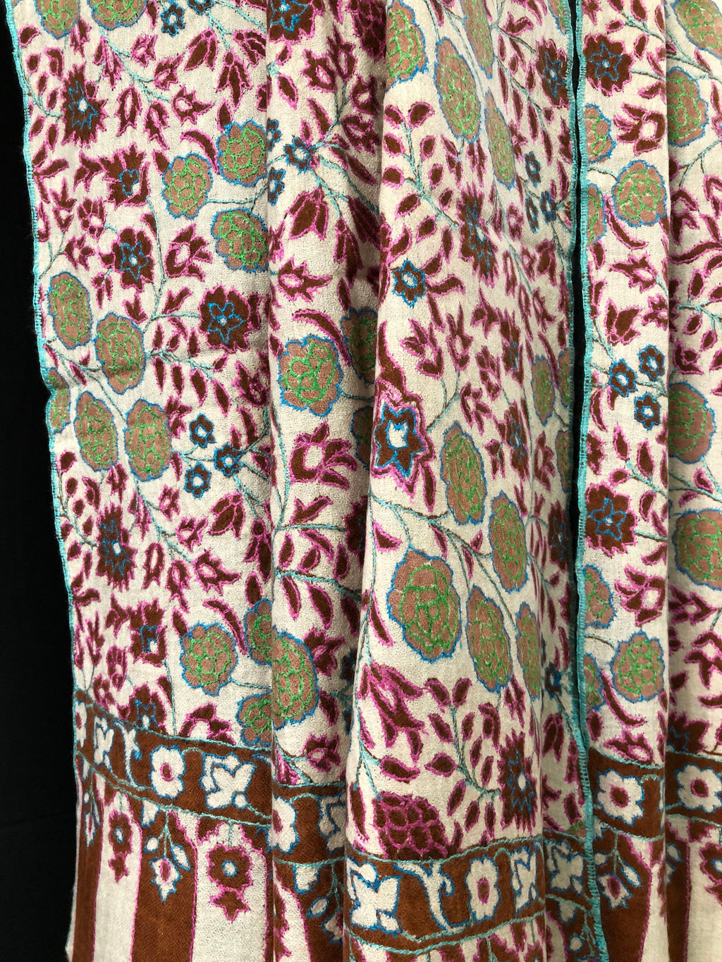 GI Sozani Floral Handmade Gift Arabian spice kani print outlined embroidered jamawar handcrafted real cashmere pashmina scarf - Mehraj Crafts 