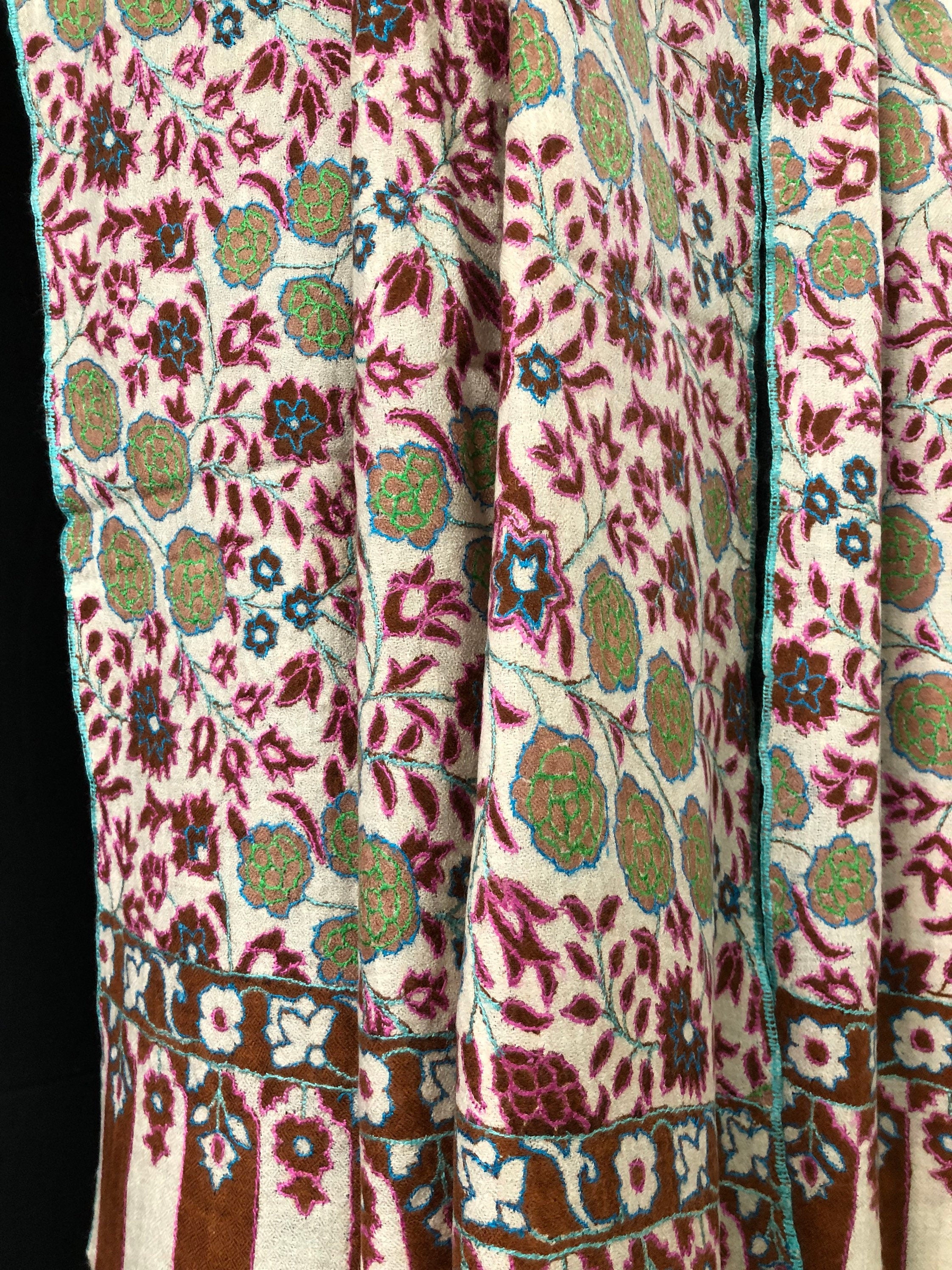 GI Sozani Floral Handmade Gift Arabian spice kani print outlined embroidered jamawar handcrafted real cashmere pashmina scarf - Mehraj Crafts 