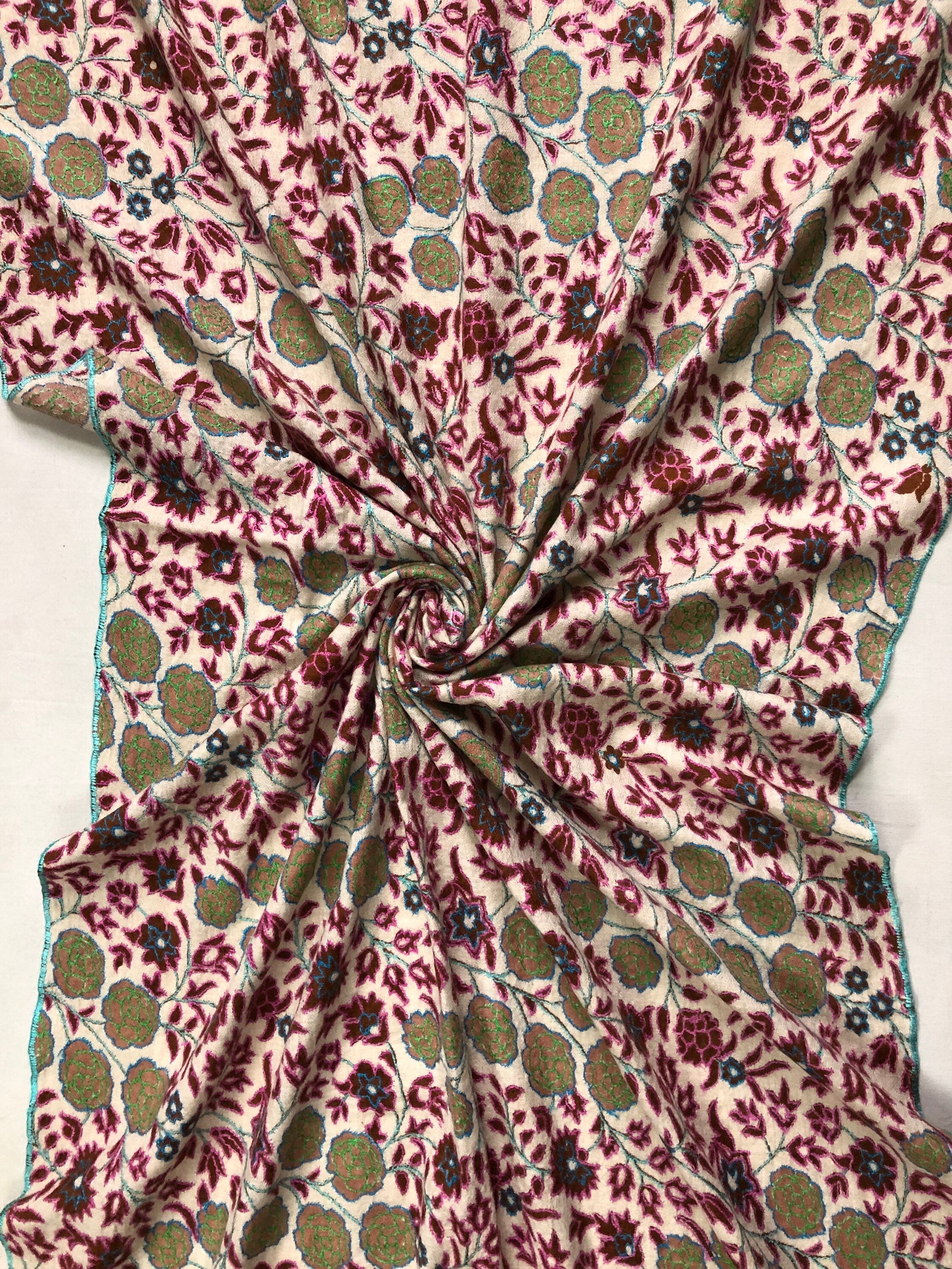 GI Sozani Floral Handmade Gift Arabian spice kani print outlined embroidered jamawar handcrafted real cashmere pashmina scarf - Mehraj Crafts 