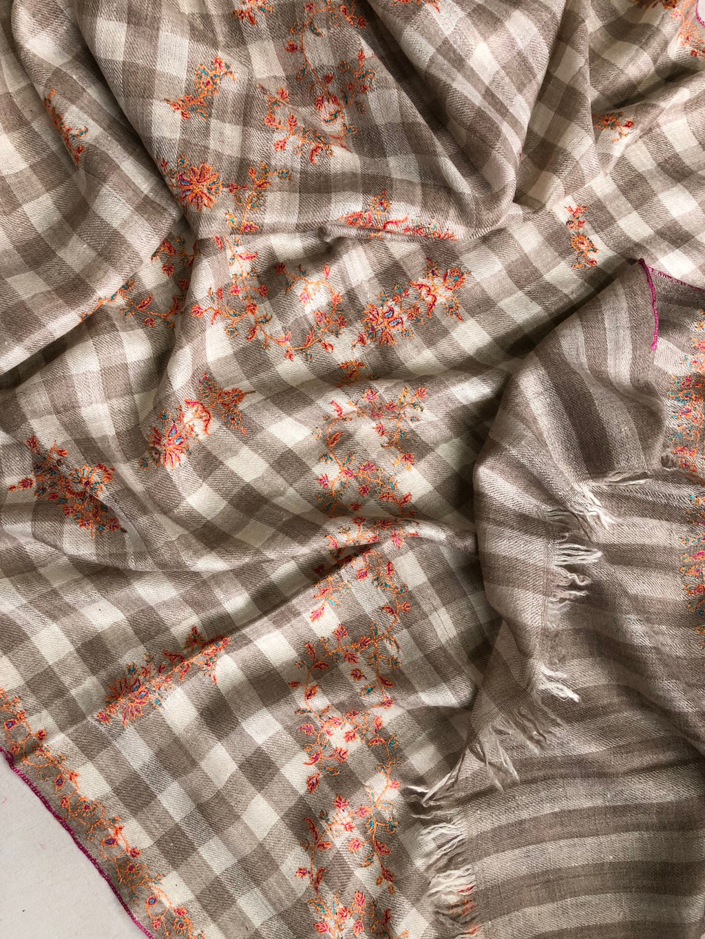 Handmade Real pashmina Natural un-dyed checkered modern design embroidered handcrafted real cashmere pashmina stole scarf shawl - Mehraj Crafts 