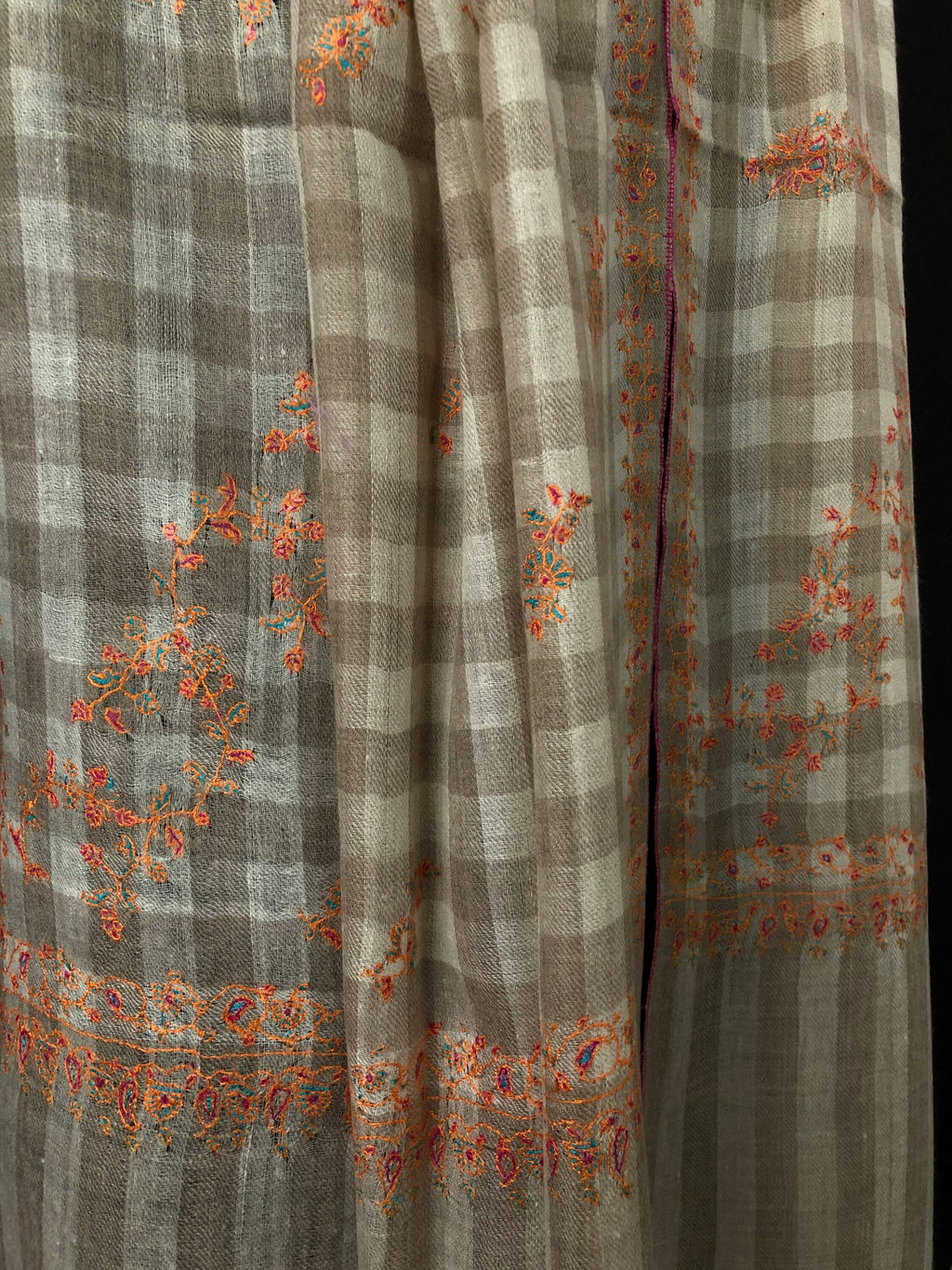 Handmade Real pashmina Natural un-dyed checkered modern design embroidered handcrafted real cashmere pashmina stole scarf shawl - Mehraj Crafts 