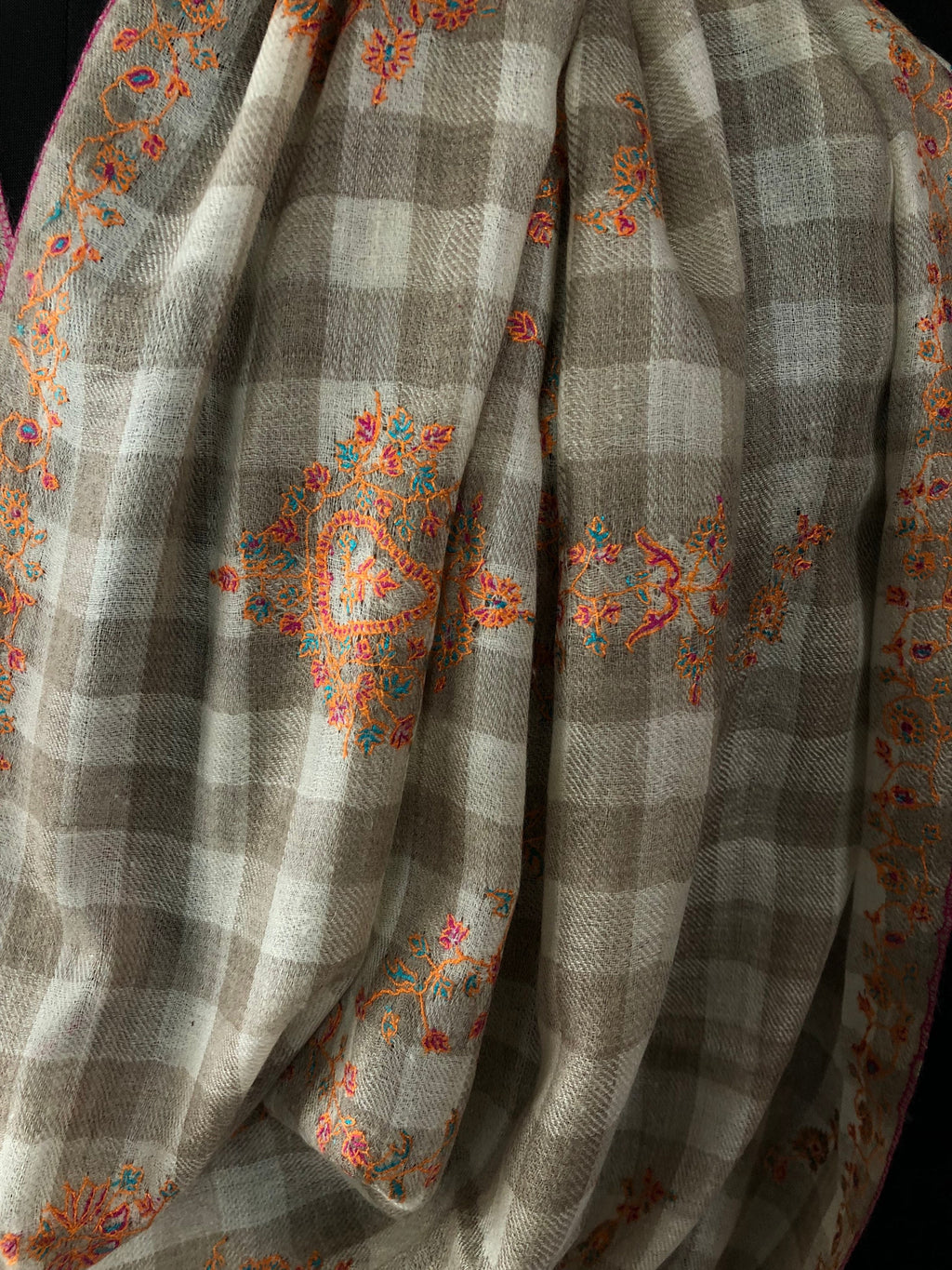 Handmade Real pashmina Natural un-dyed checkered modern design embroidered handcrafted real cashmere pashmina stole scarf shawl - Mehraj Crafts 