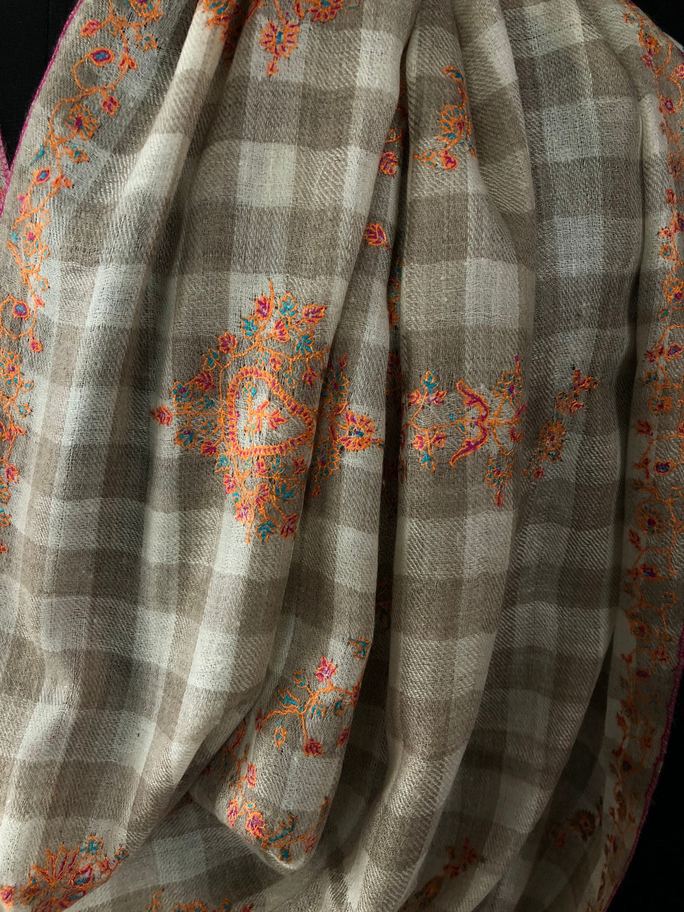 Handmade Real pashmina Natural un-dyed checkered modern design embroidered handcrafted real cashmere pashmina stole scarf shawl - Mehraj Crafts 