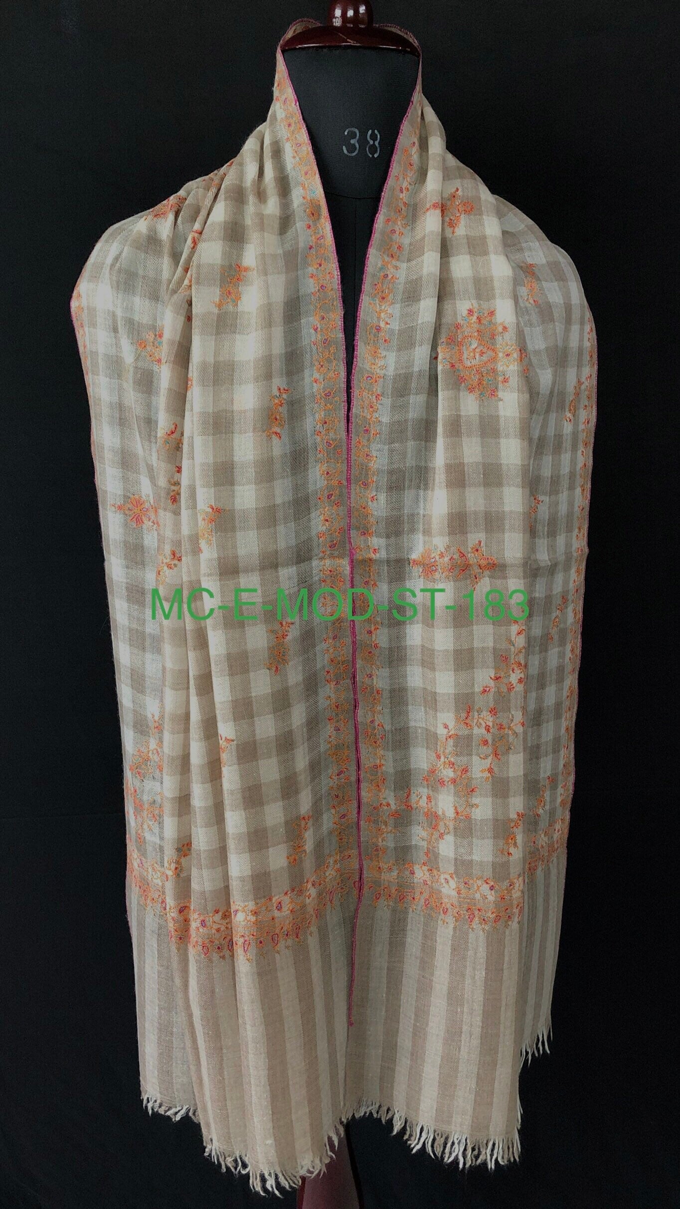 Handmade Real pashmina Natural un-dyed checkered modern design embroidered handcrafted real cashmere pashmina stole scarf shawl - Mehraj Crafts 