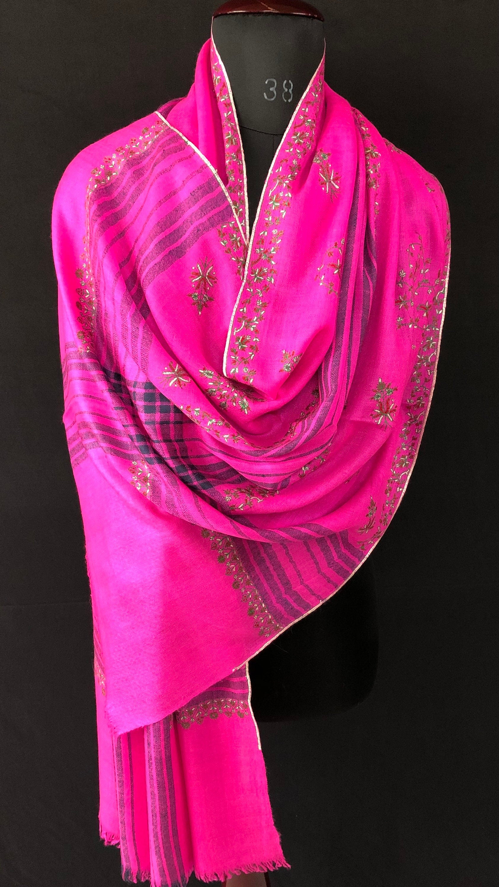 pashmina shawl for women Hot pink modern design super micro fine hand embroidered real cashmere pashmina stole scarf shawl - Mehraj Crafts 