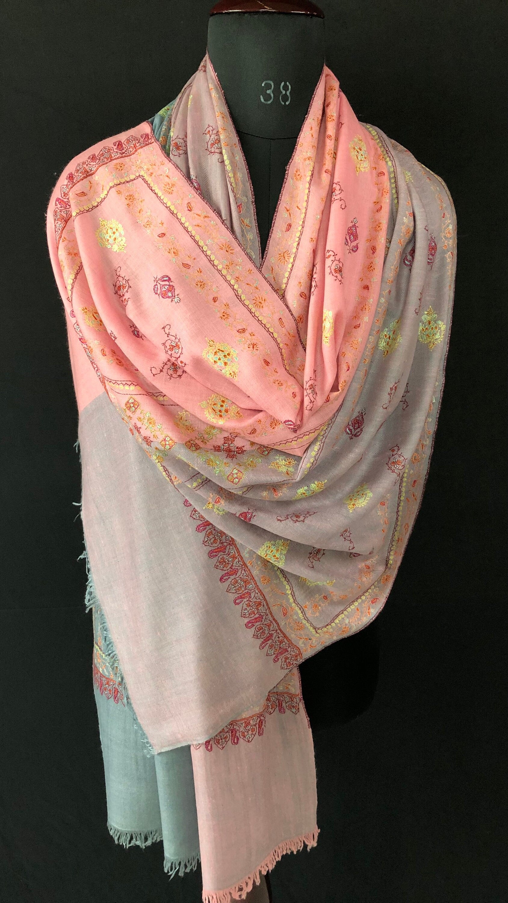 teacher gift Coral blush modern design super fine embroidered handcrafted real cashmere pashmina stole scarf shawl - Mehraj Crafts 