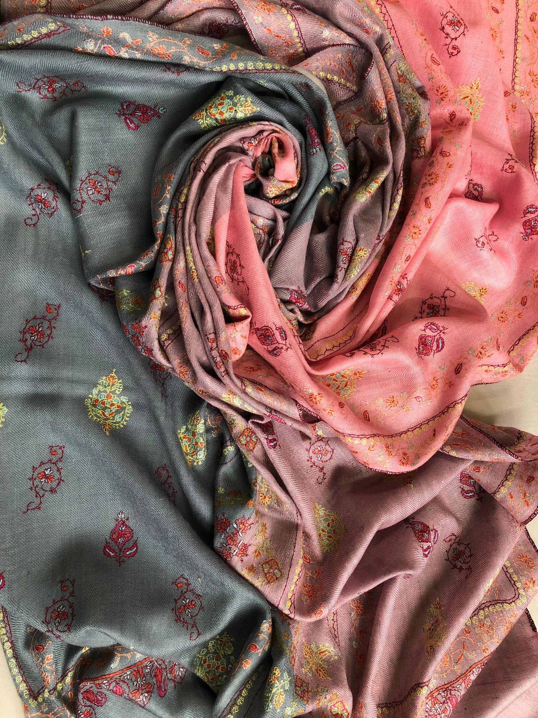 teacher gift Coral blush modern design super fine embroidered handcrafted real cashmere pashmina stole scarf shawl - Mehraj Crafts 