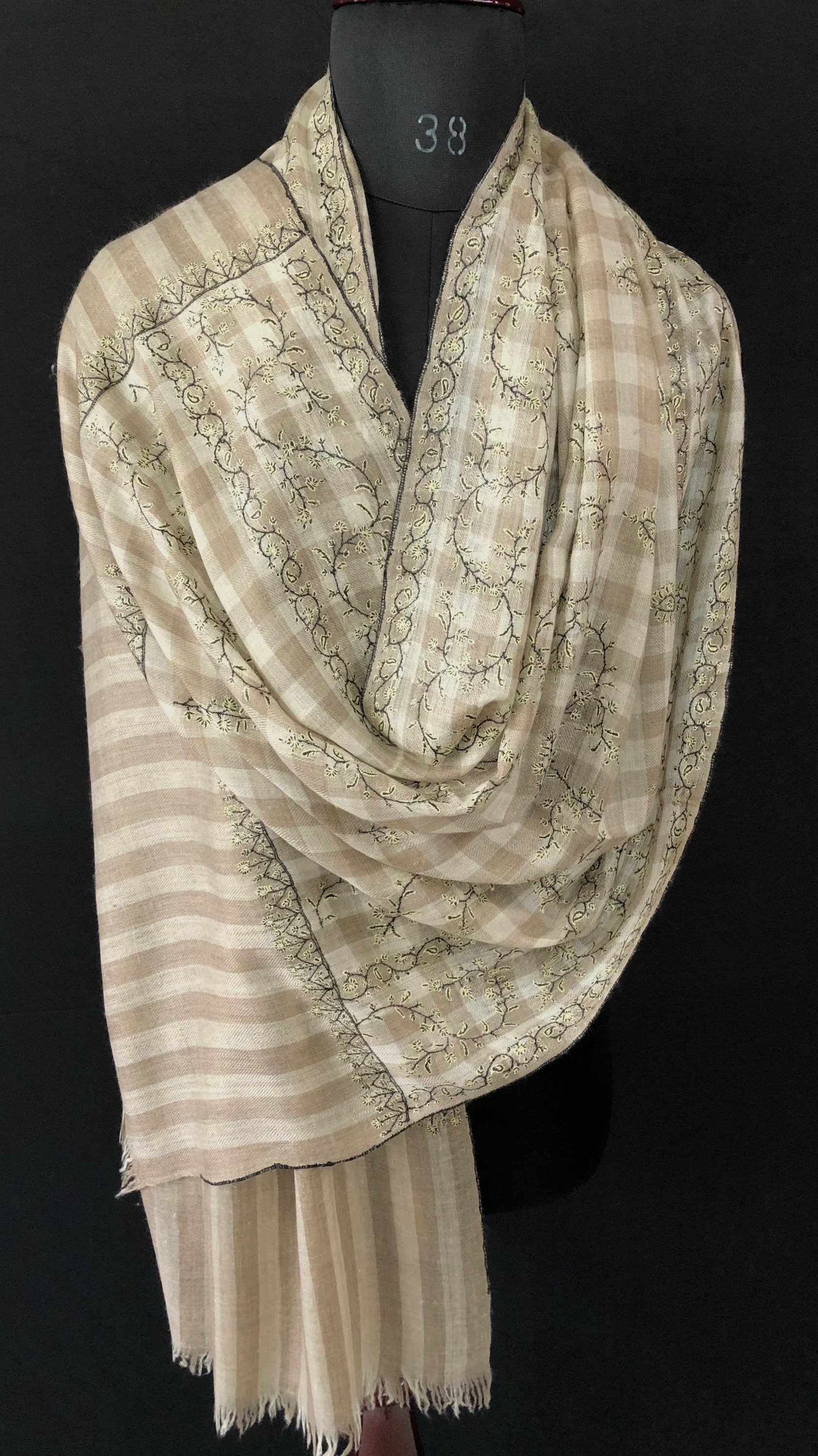 New Year's Eve Natural grey checkered Modern Design Fine Embroidery Handcrafted Real Cashmere Pashmina Stole Scarf Shawl - Mehraj Crafts 