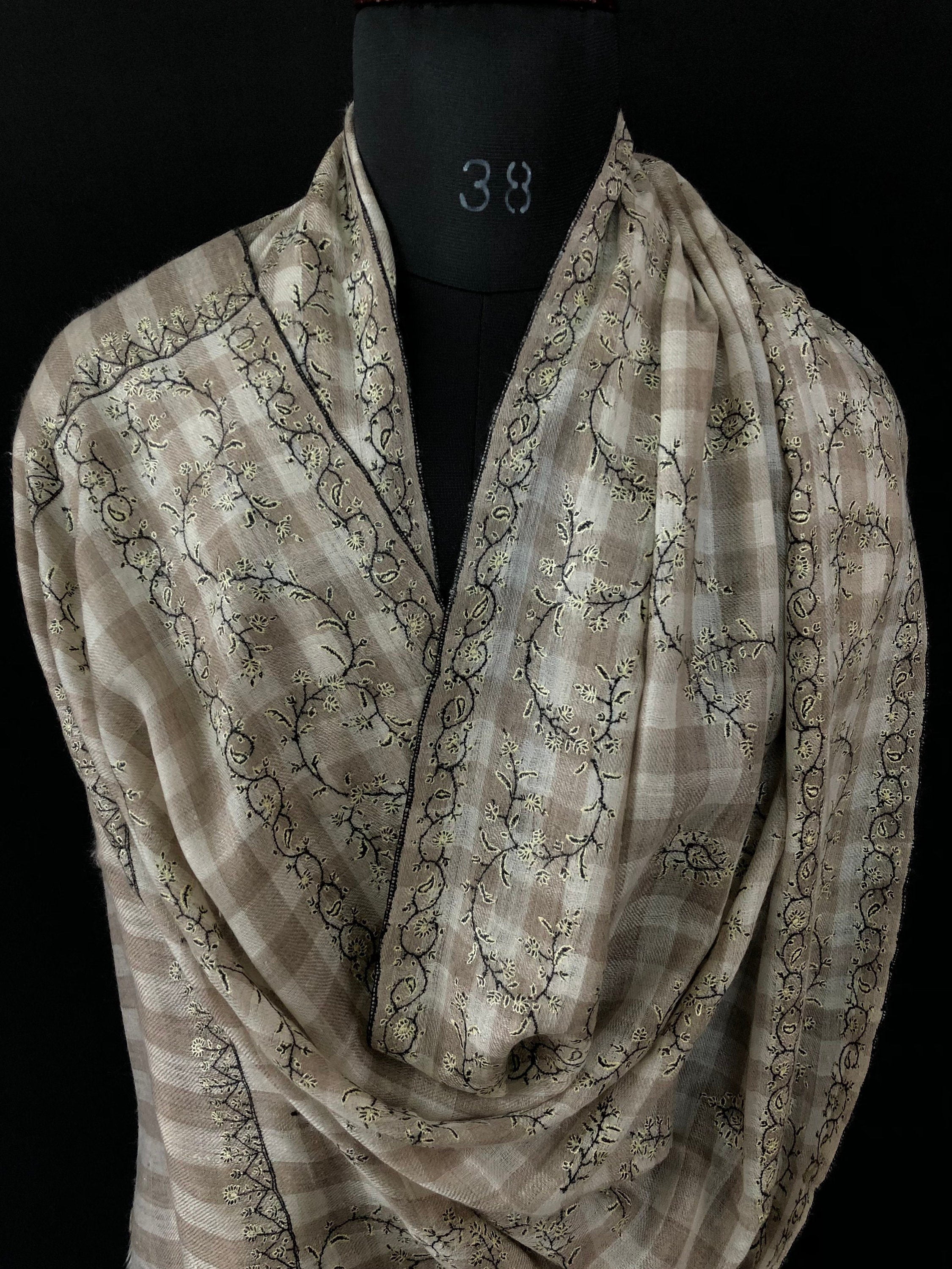 New Year's Eve Natural grey checkered Modern Design Fine Embroidery Handcrafted Real Cashmere Pashmina Stole Scarf Shawl - Mehraj Crafts 